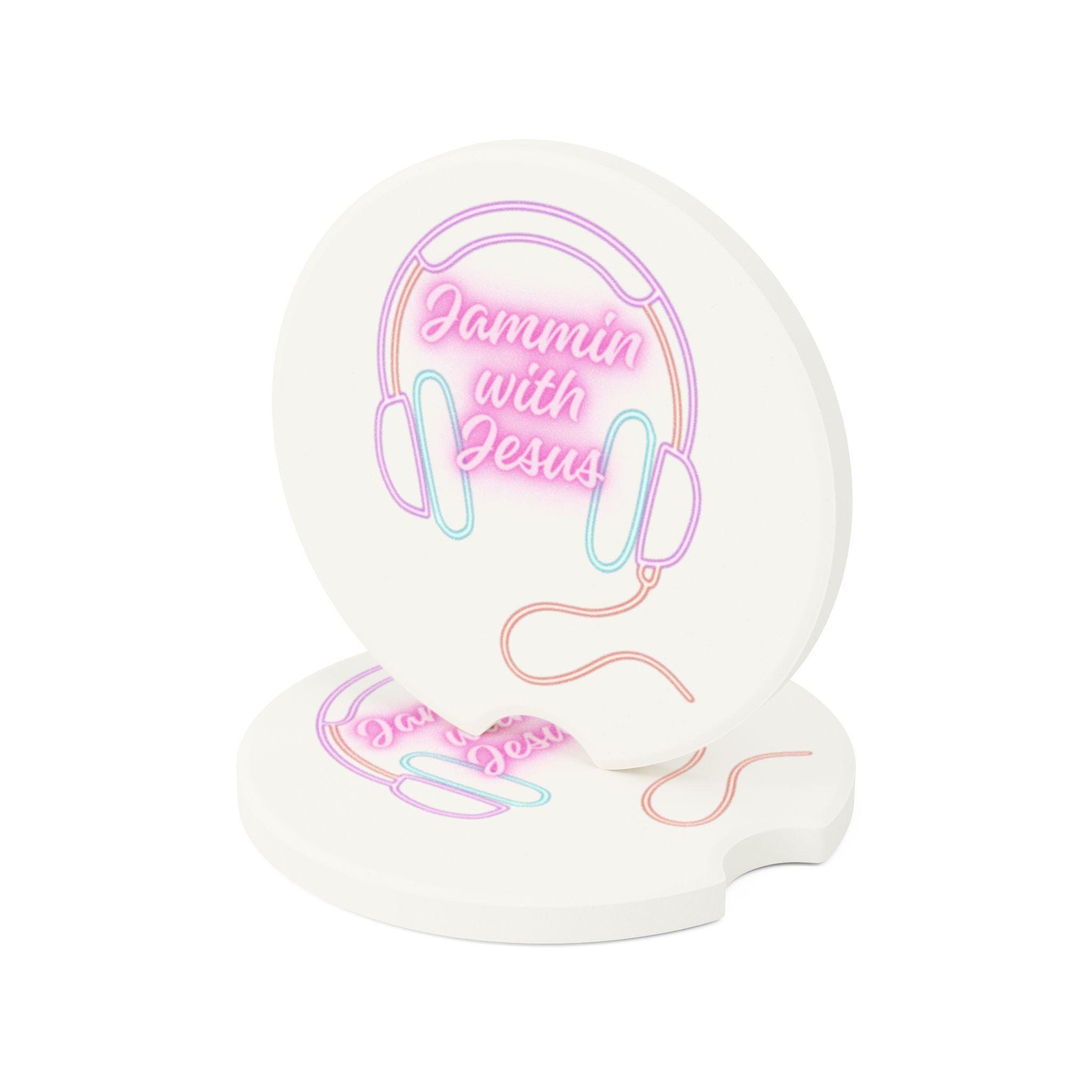Jammin With Jesus Car Coaster | Soapstone Drink Holder, Neon Headphones Design, product image 5