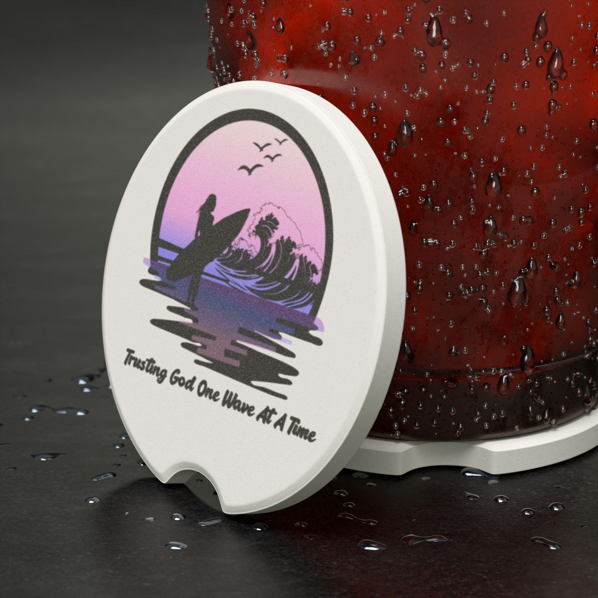 Trusting God One Wave at a Time Purple Female Surfer Soapstone Car Coaster, product image 2