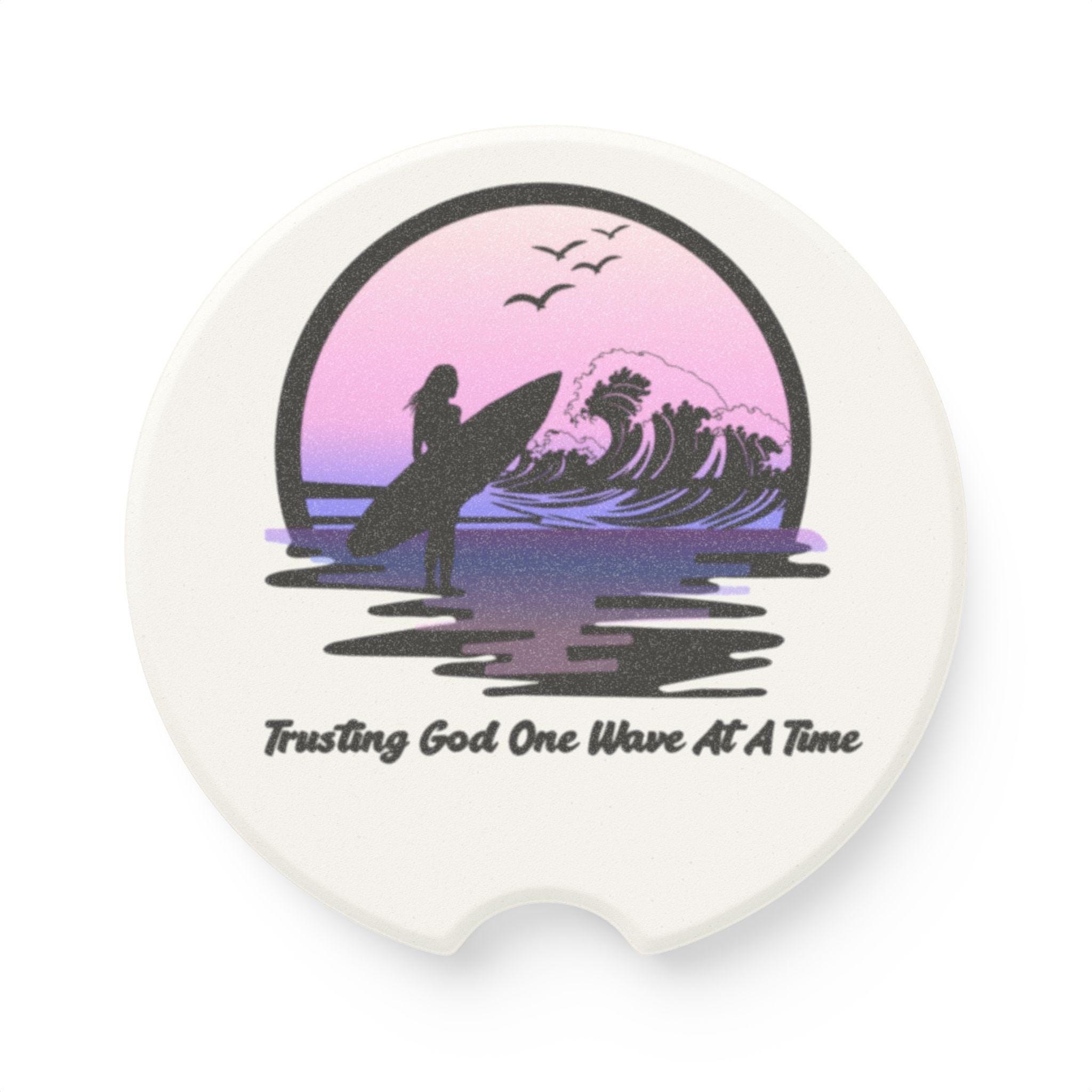 Trusting God One Wave at a Time Purple Female Surfer Soapstone Car Coaster, product image 3