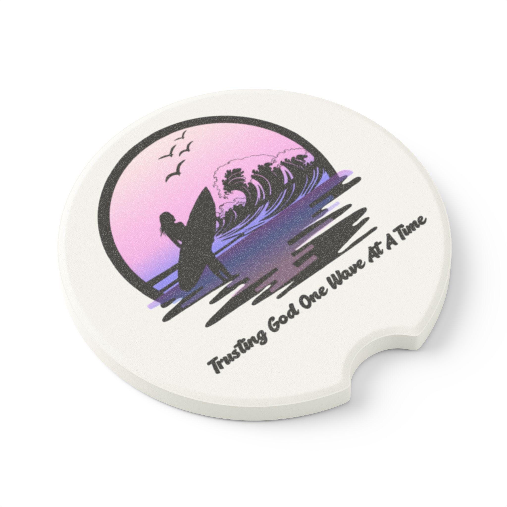 Trusting God One Wave at a Time Purple Female Surfer Soapstone Car Coaster, product image 4