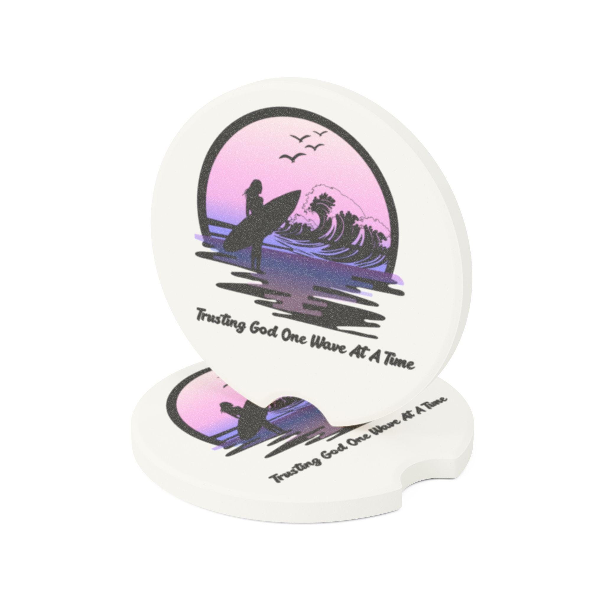 Trusting God One Wave at a Time Purple Female Surfer Soapstone Car Coaster, product image 5