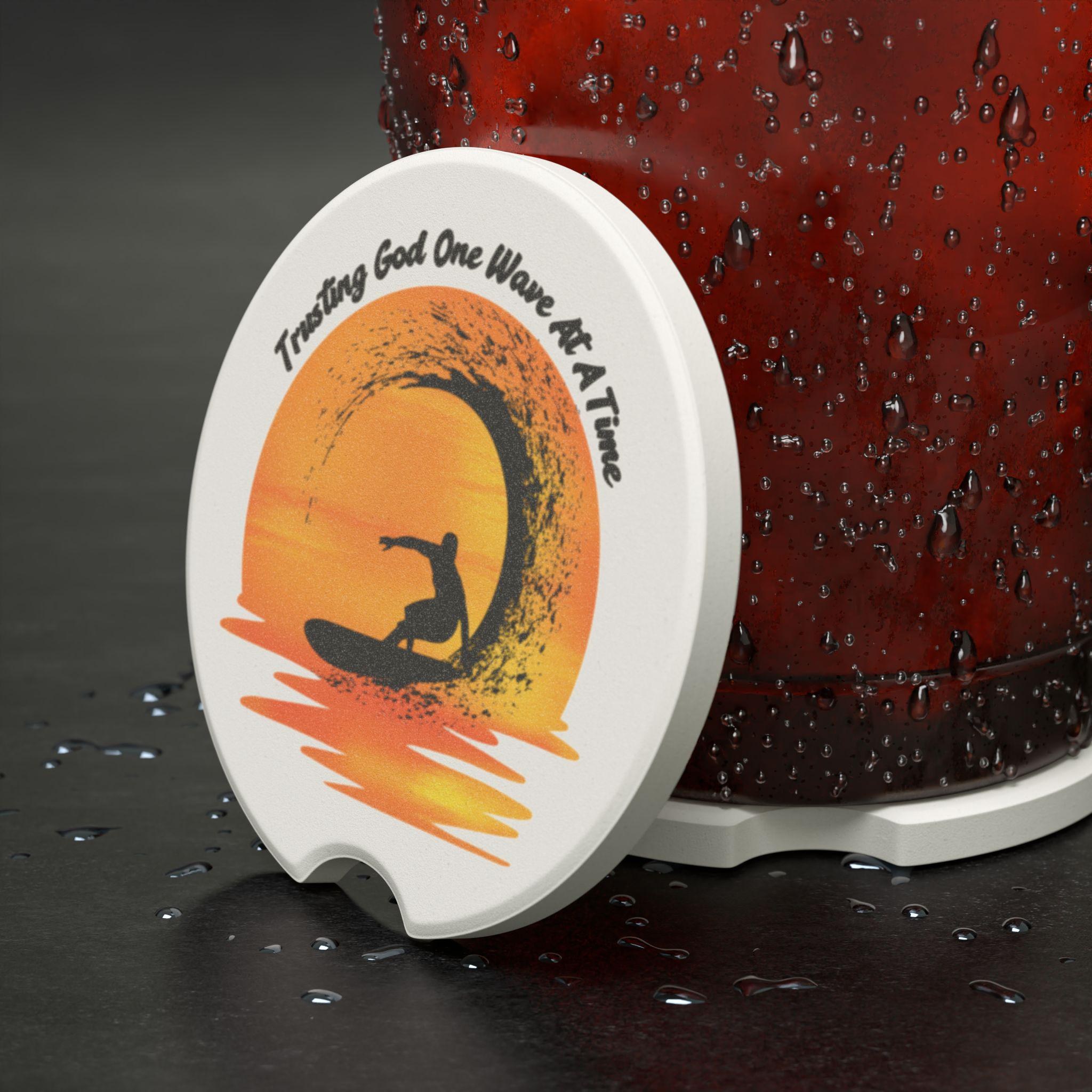 Trusting God One Wave at a Time Sunset Male Surfer Soapstone Car Coaster, product image 2