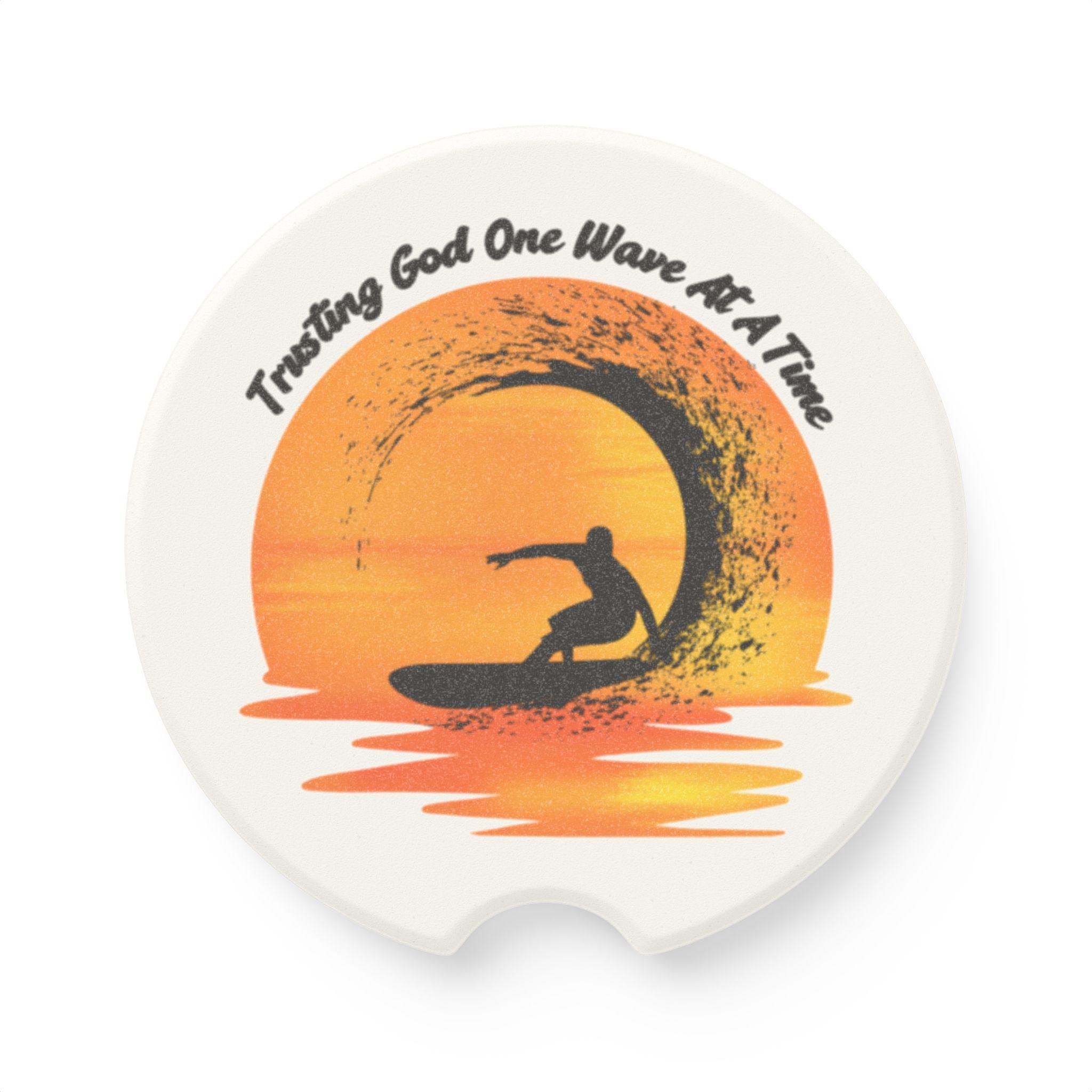 Trusting God One Wave at a Time Sunset Male Surfer Soapstone Car Coaster, product image 3