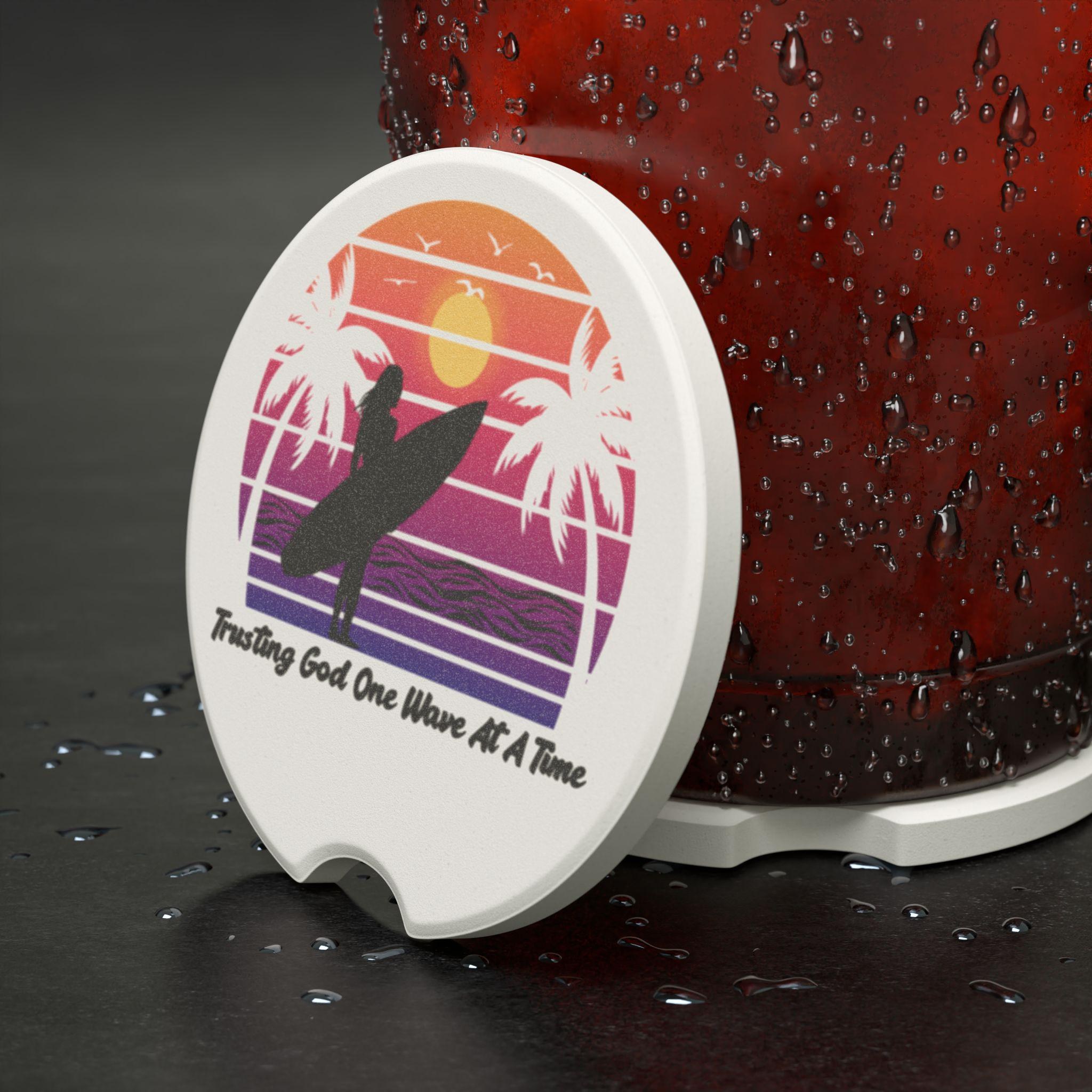 Trusting God One Wave at a Time Retro Female Surfer Soapstone Car Coaster, product image 2