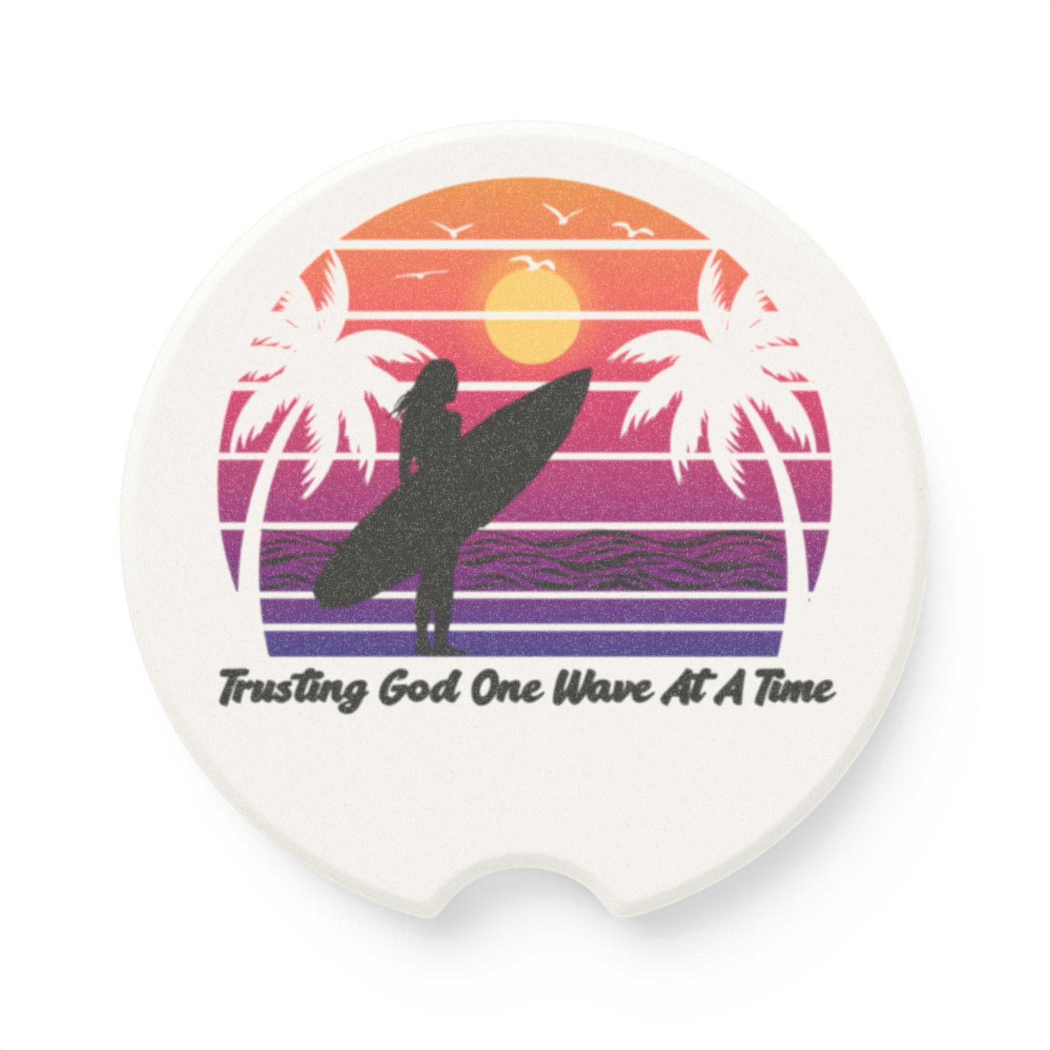 Trusting God One Wave at a Time Retro Female Surfer Soapstone Car Coaster, product image 3