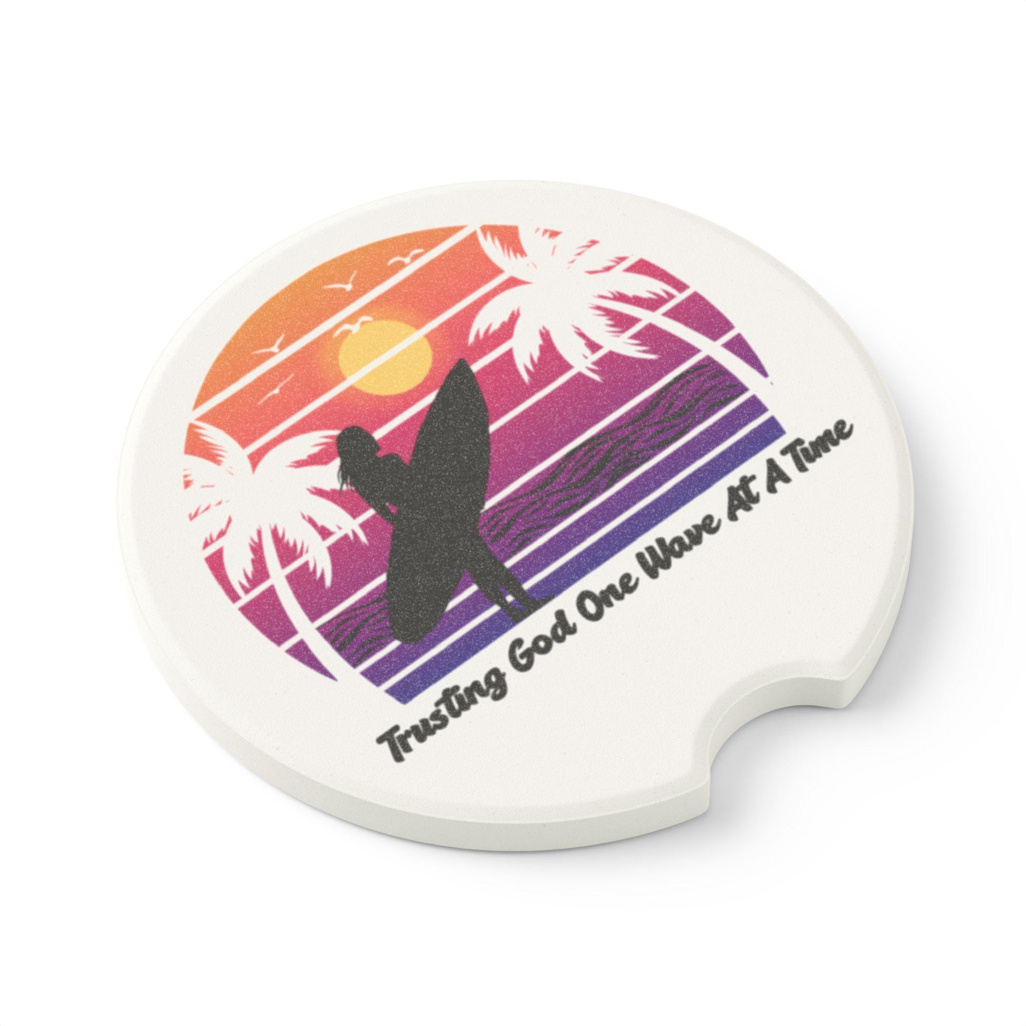 Trusting God One Wave at a Time Retro Female Surfer Soapstone Car Coaster, product image 4
