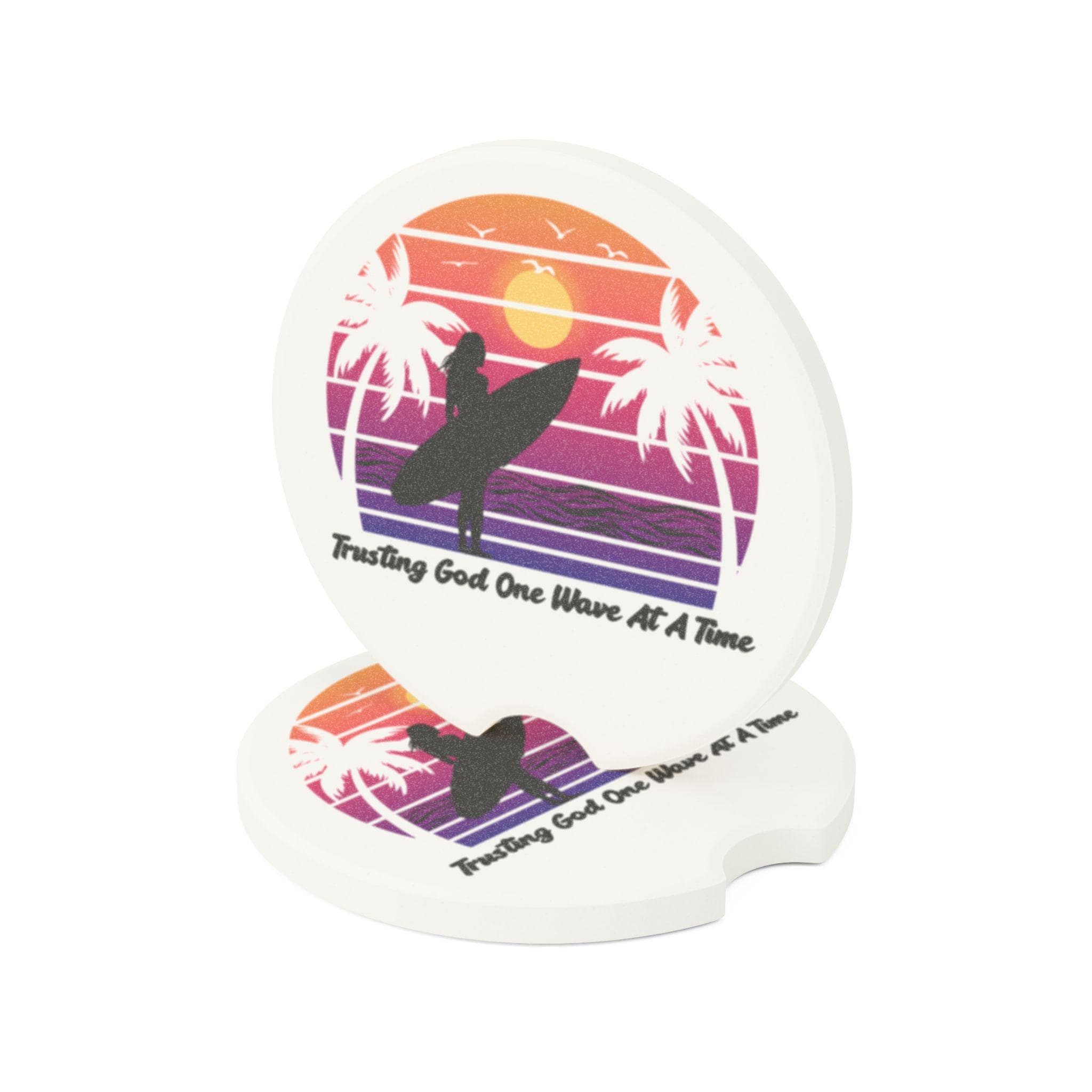 Trusting God One Wave at a Time Retro Female Surfer Soapstone Car Coaster, product image 5