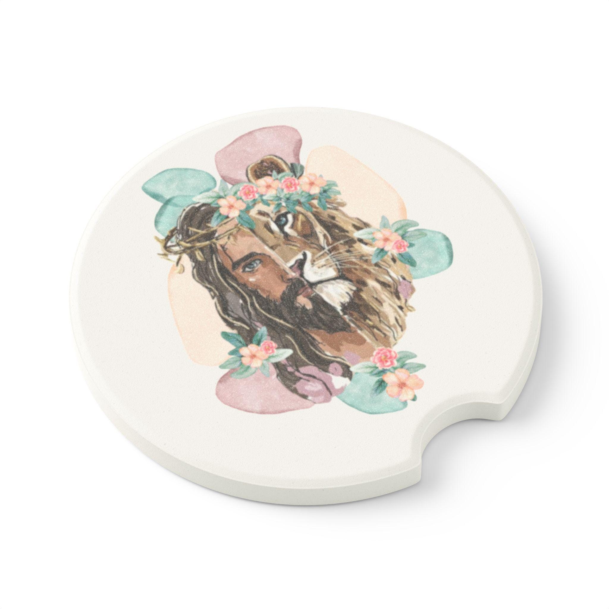 Lion and the Lamb Floral Portrait Soapstone Car Coaster | Boho Animal Face, product image 4