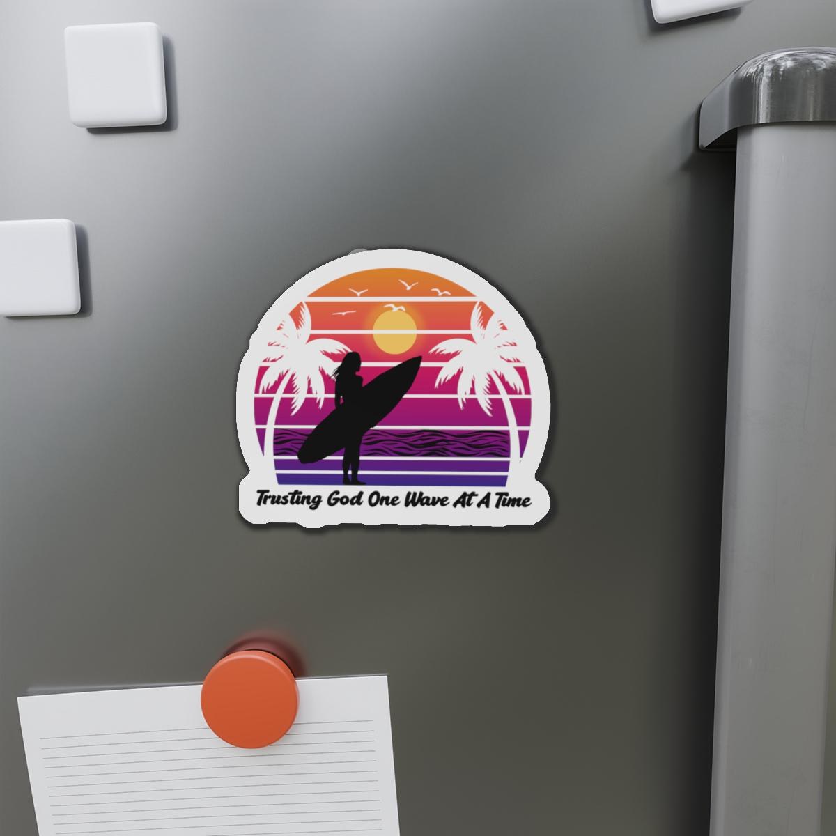 Trusting God One Wave At A Time Die-Cut Magnet | Surfer Sunset Palm Beach