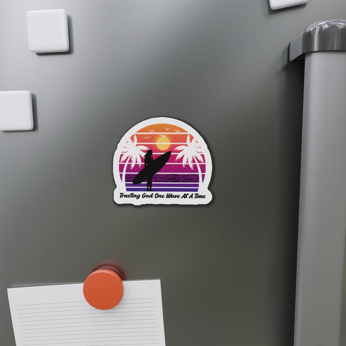 Trusting God One Wave At A Time Die-Cut Magnet | Surfer Sunset Palm Beach, product image 3