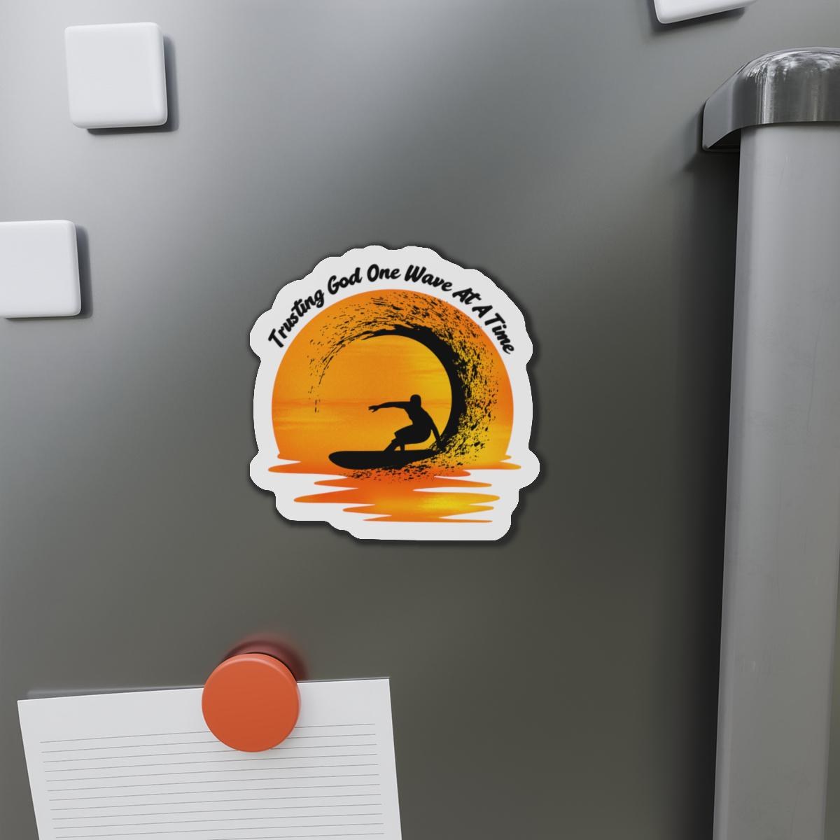 Trusting God One Wave At A Time Die Cut Magnet | Surfer Sunset