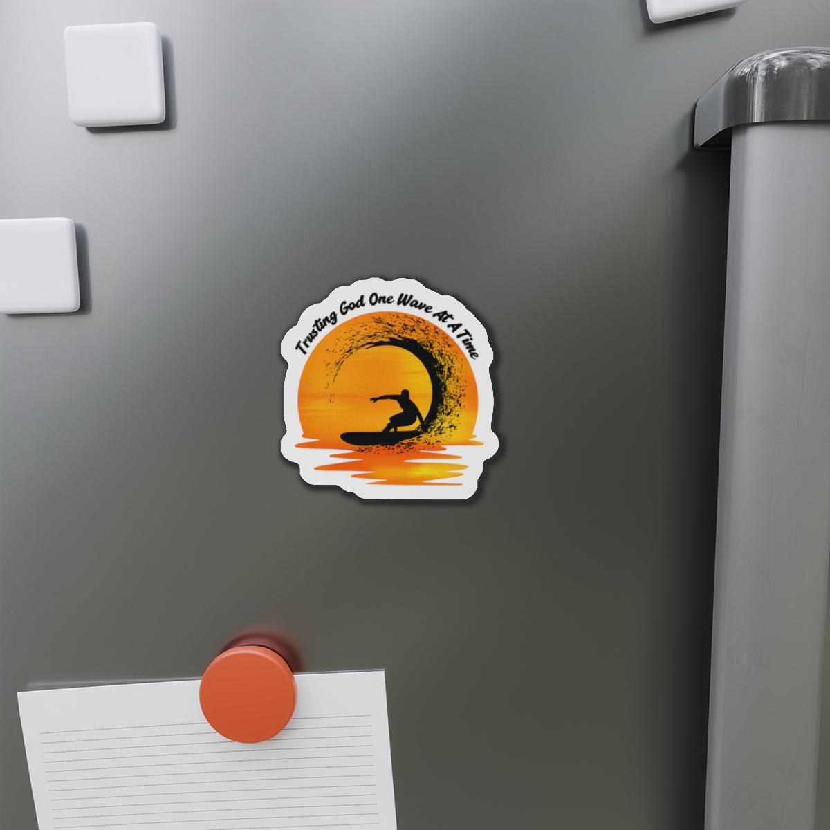 Trusting God One Wave At A Time Die Cut Magnet | Surfer Sunset, product image 3