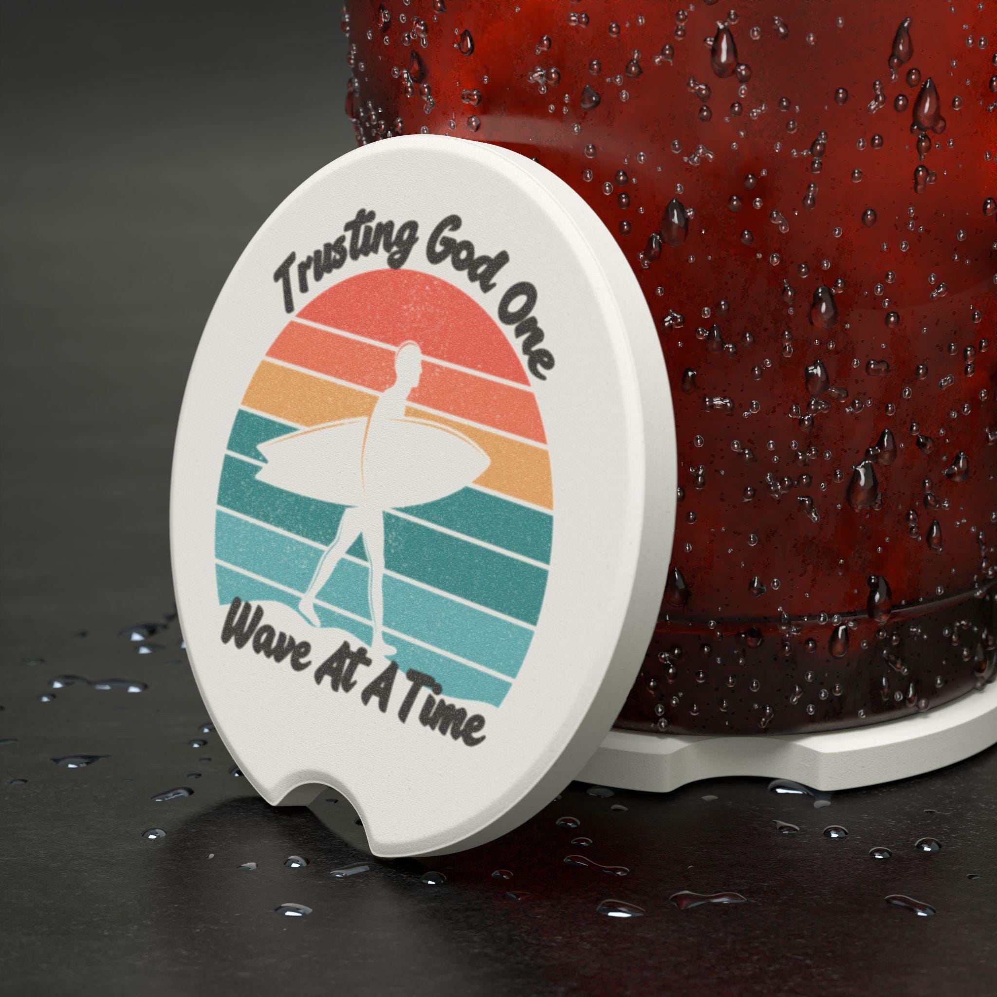 Trusting God on Wave at a Time Retro Male Surfer Soapstone Car Coaster, product image 2