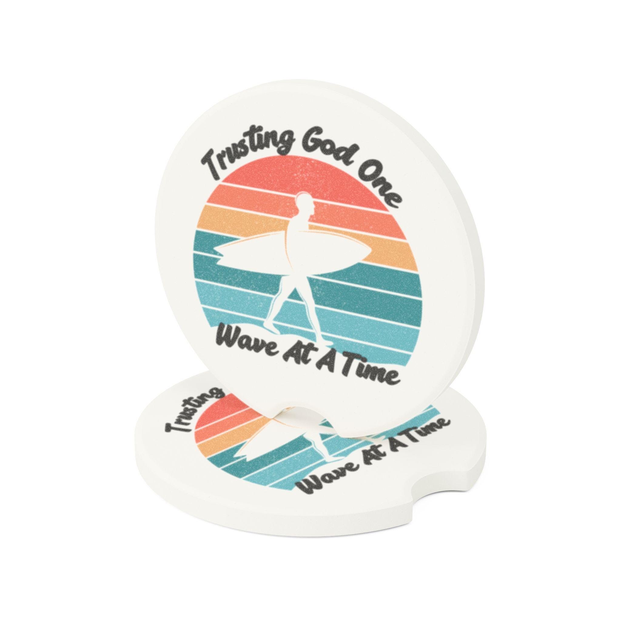 Trusting God on Wave at a Time Retro Male Surfer Soapstone Car Coaster, product image 5