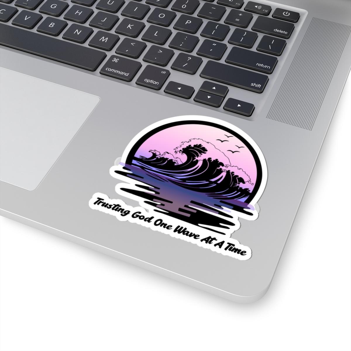 Kiss-Cut Vinyl Sticker: Trusting God One Wave At A Time – Ocean Sunset Design
