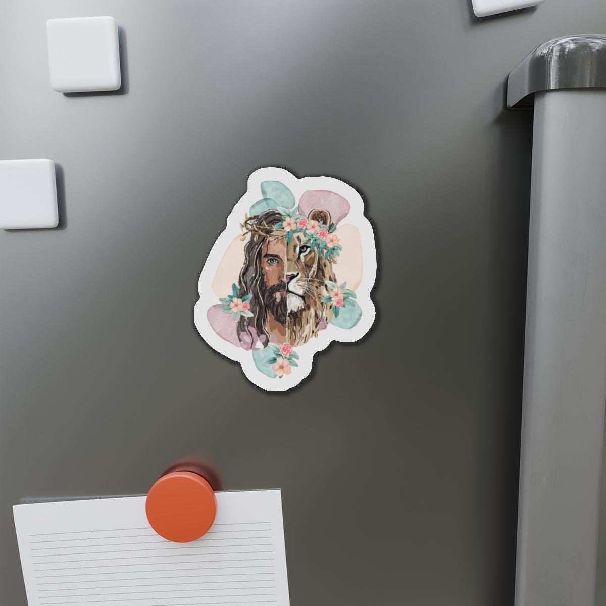 Jesus and Lion Floral Portrait Die-Cut Magnet | Religious Faith Art