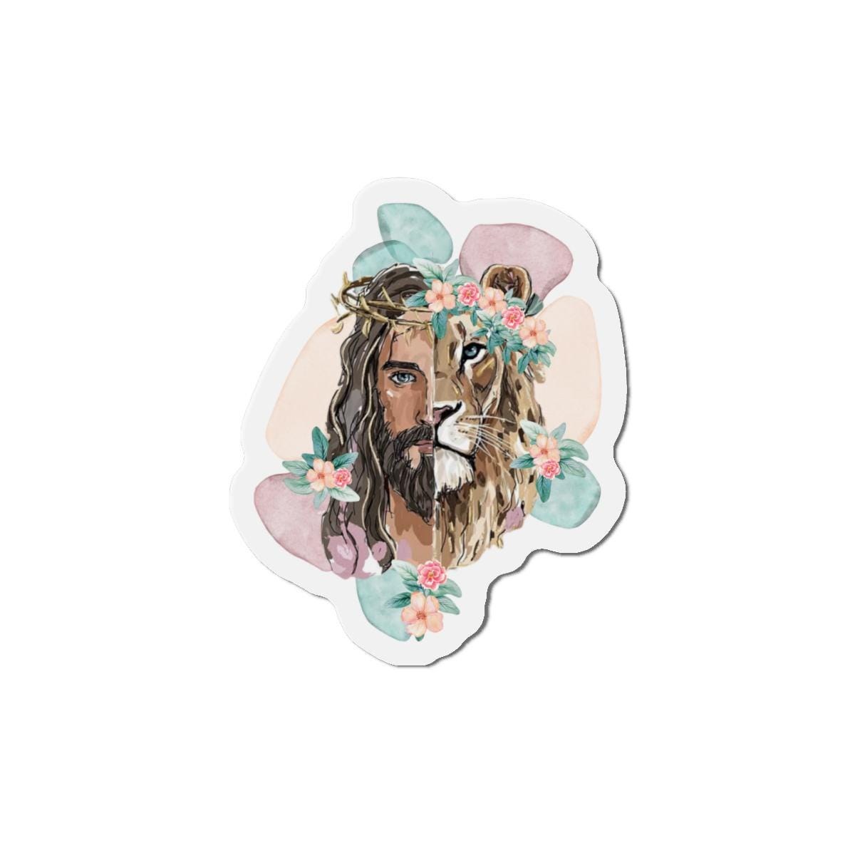 Jesus and Lion Floral Portrait Die-Cut Magnet | Religious Faith Art, product image 2