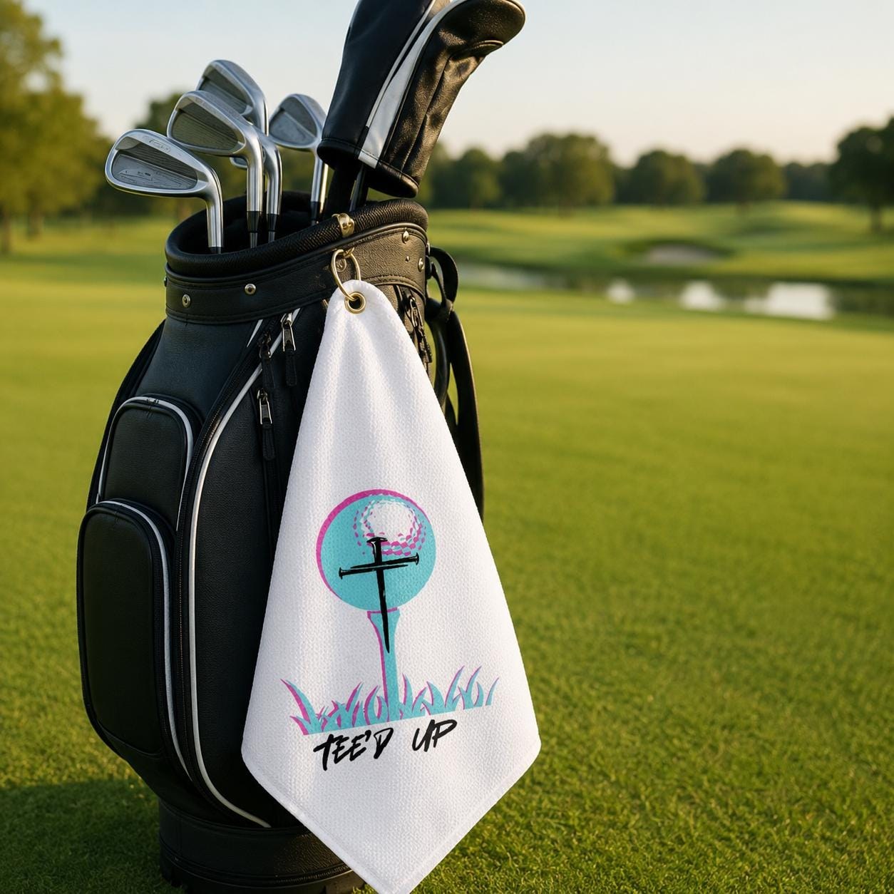 Tee'd Up golf towel | golf ball on tee, retro neon design