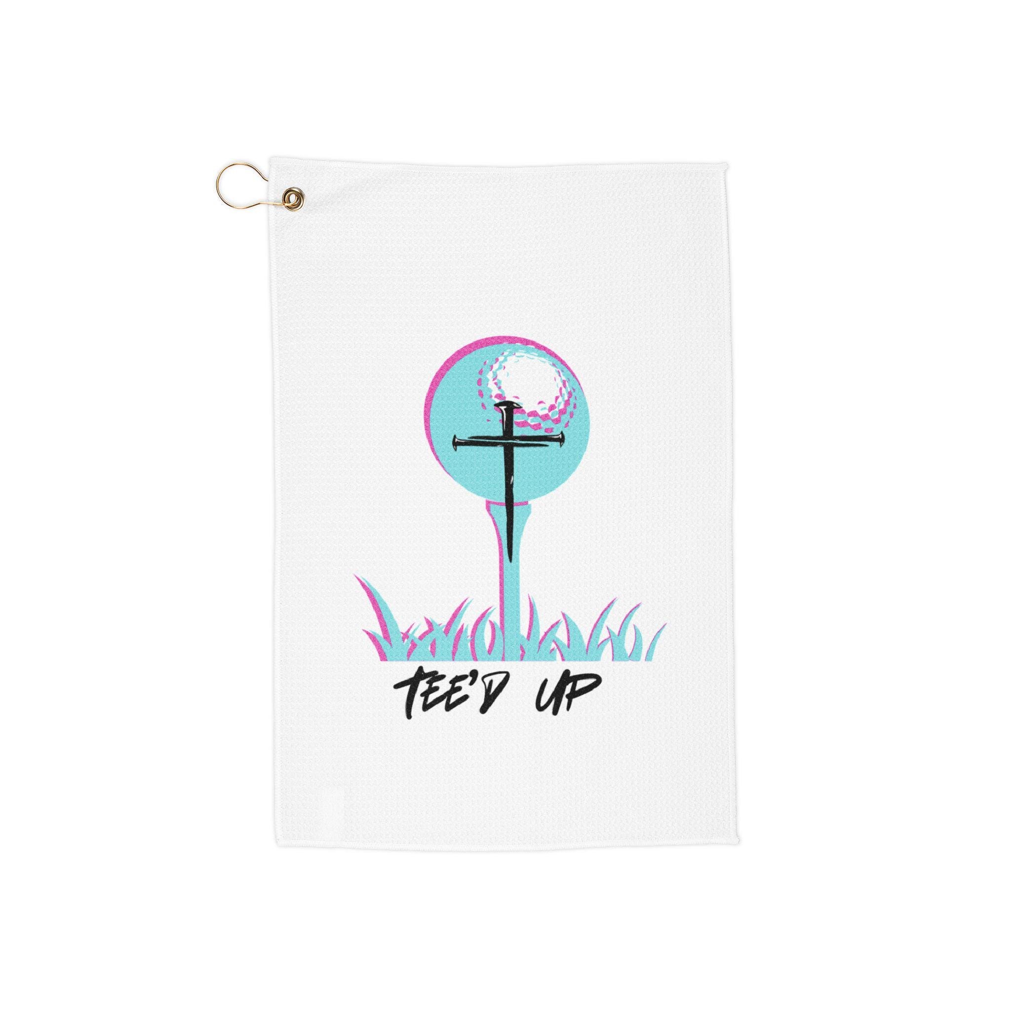 Tee'd Up golf towel | golf ball on tee, retro neon design, product image 2