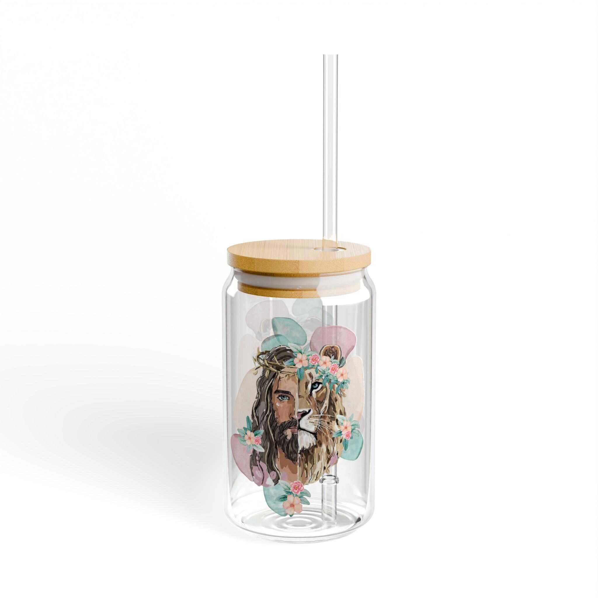Floral Lion Portrait Sipper Glass | 16oz, product image 2