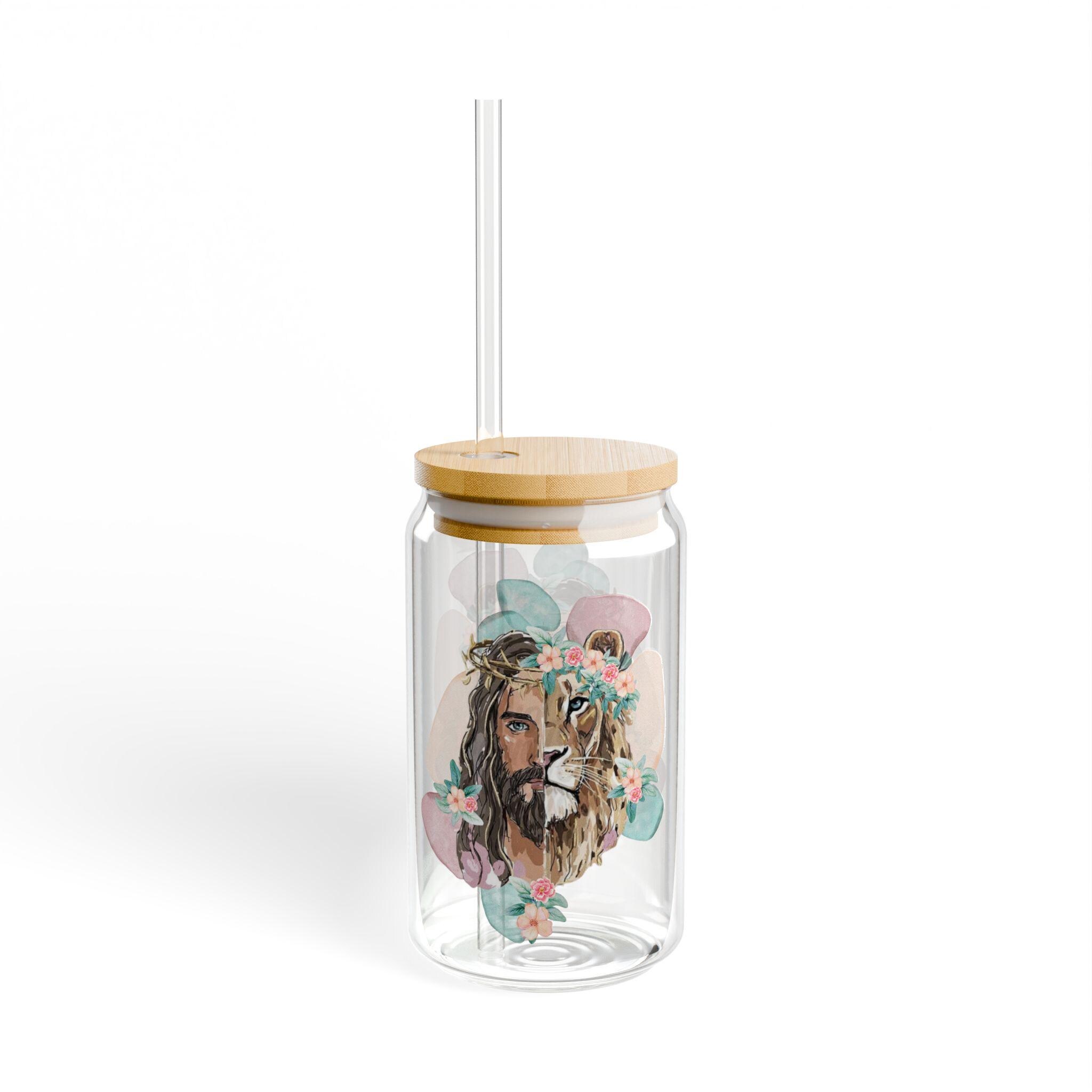 Floral Lion Portrait Sipper Glass | 16oz, product image 4