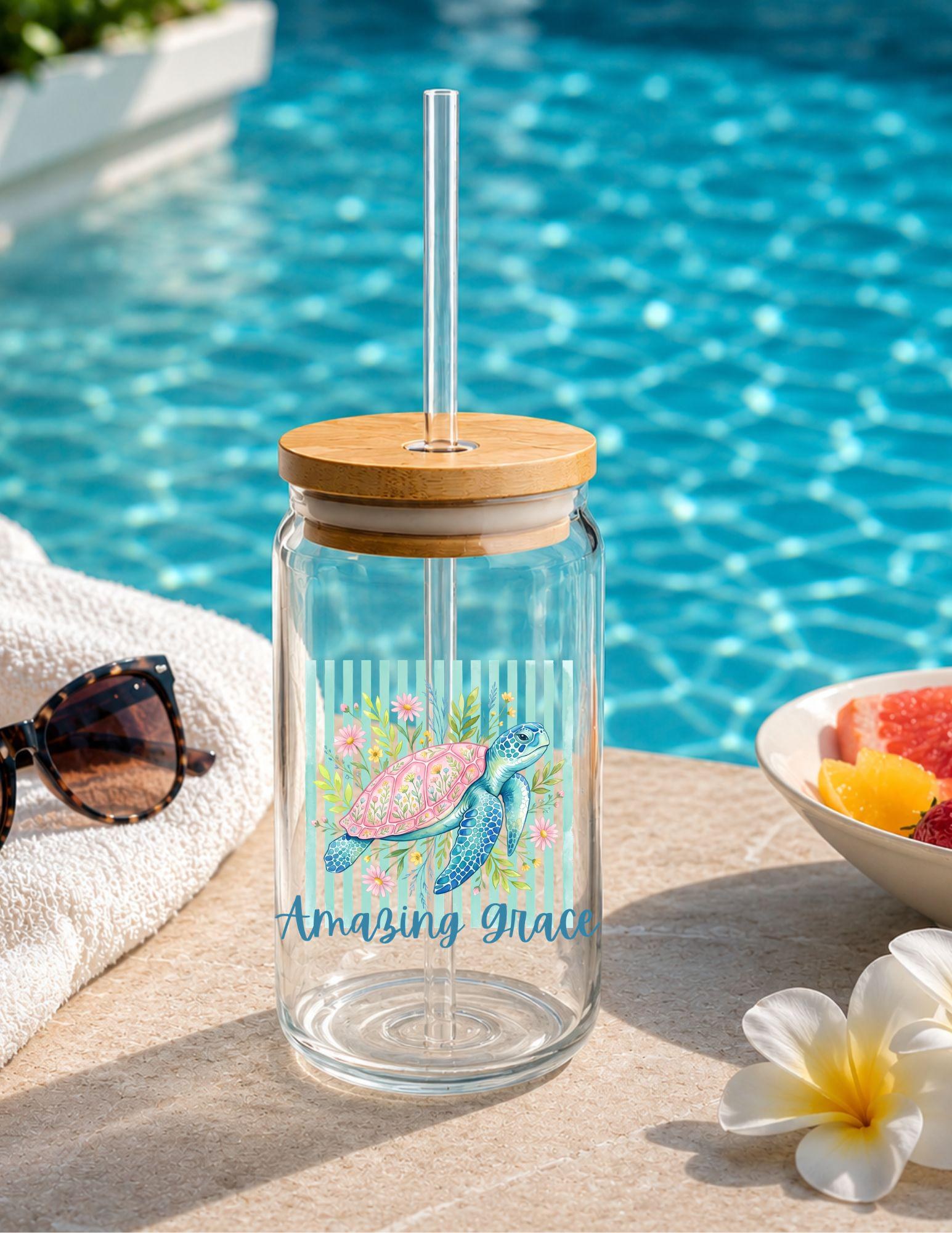 Watercolor Sea Turtle Sipper Glass | 16oz Straw Tumbler