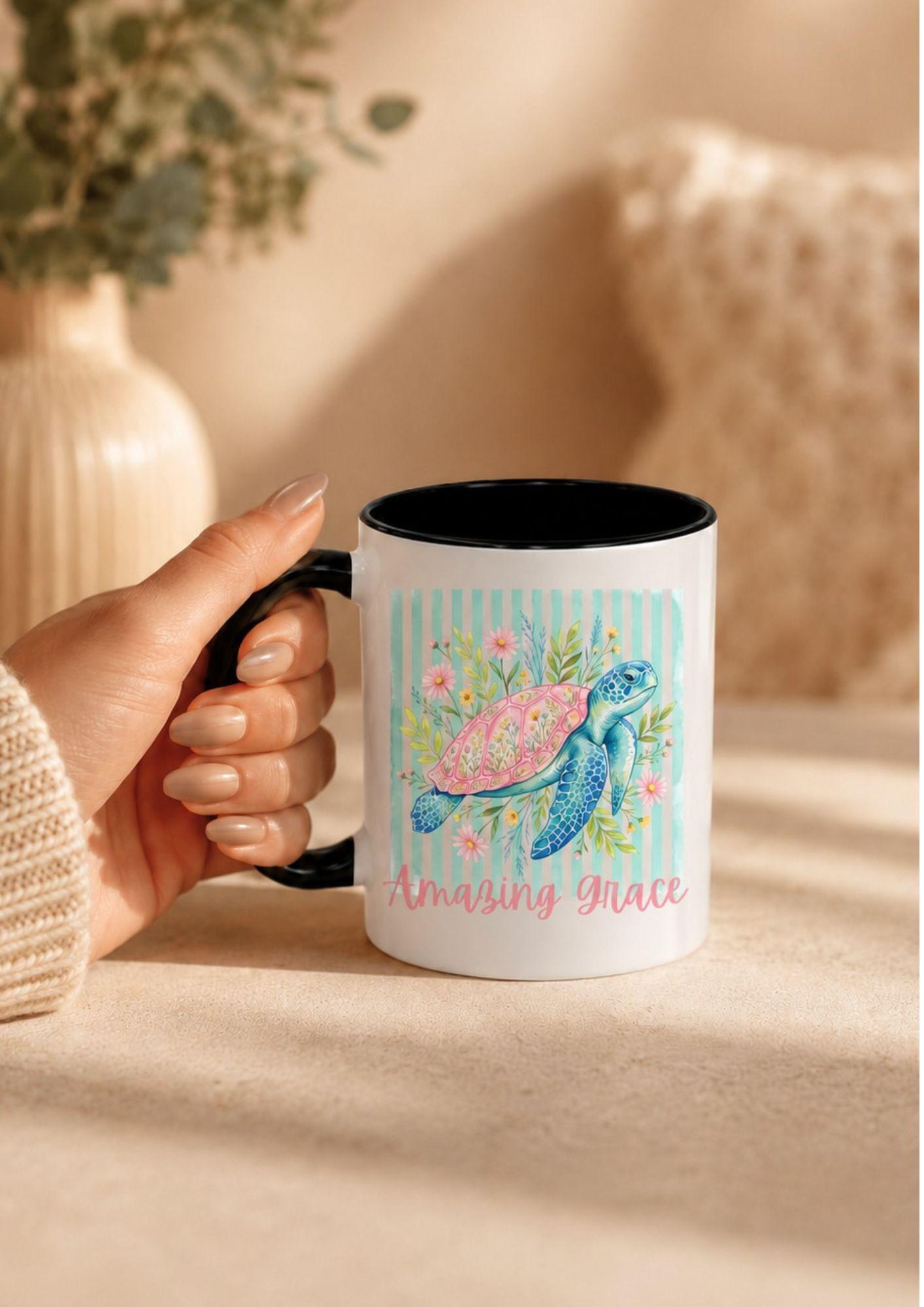 Sea Turtle Accent Mug, Floral Watercolor Art, Ocean Lover Gift (11, 15oz)