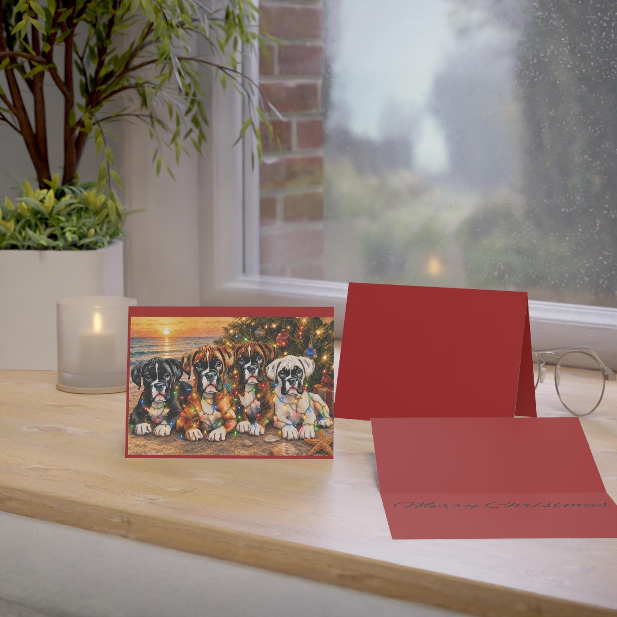 Boxer Puppies with Holiday Lights Greeting Cards | Folded Christmas Cards
