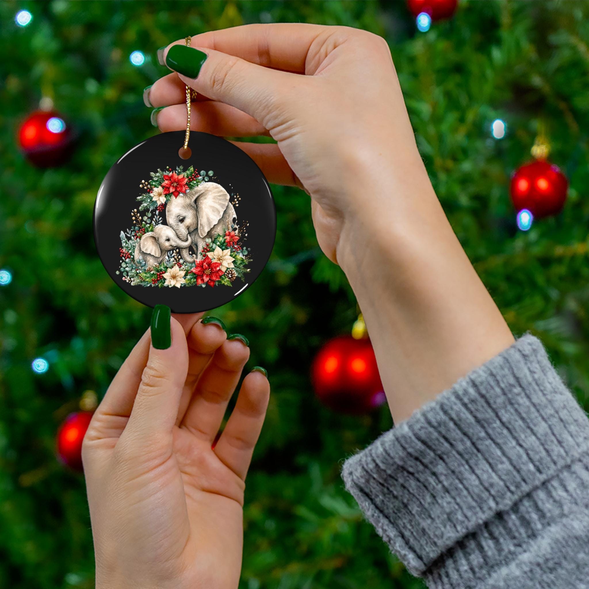 Elephant Mother & Calf Poinsettia Ceramic Ornament Round Heart Star Circle, Christmas