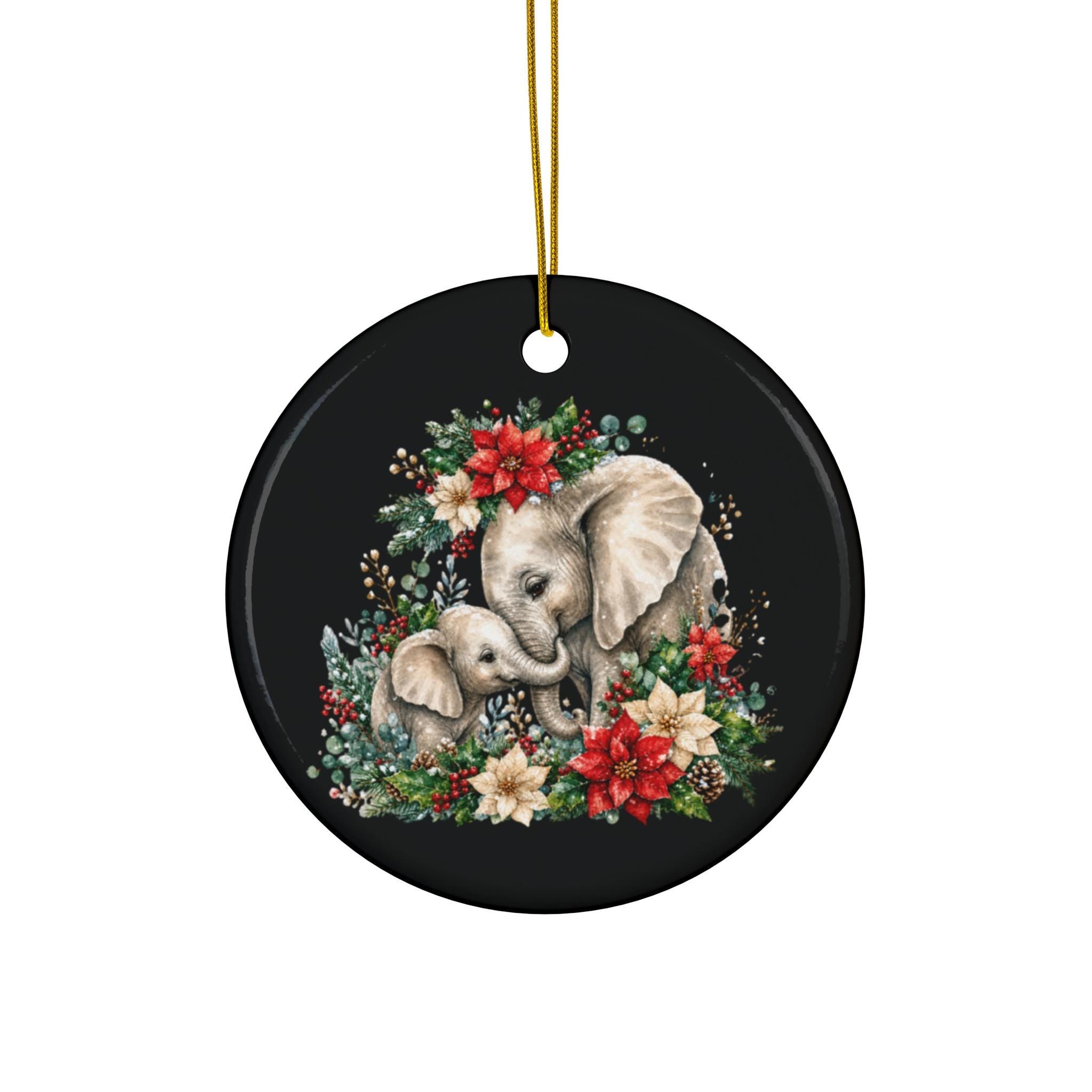 Elephant Mother & Calf Poinsettia Ceramic Ornament Round Heart Star Circle, Christmas, product image 2