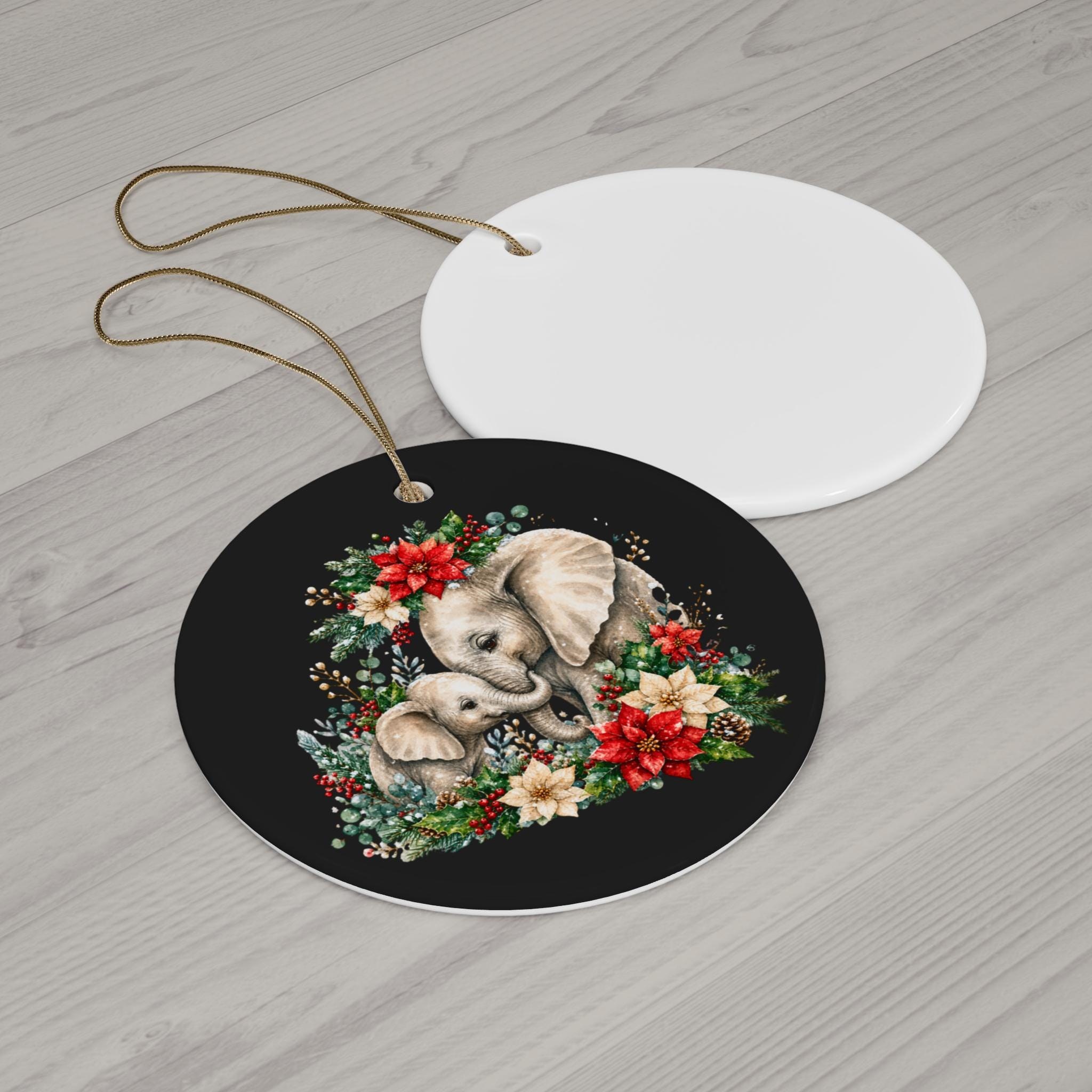 Elephant Mother & Calf Poinsettia Ceramic Ornament Round Heart Star Circle, Christmas, product image 3