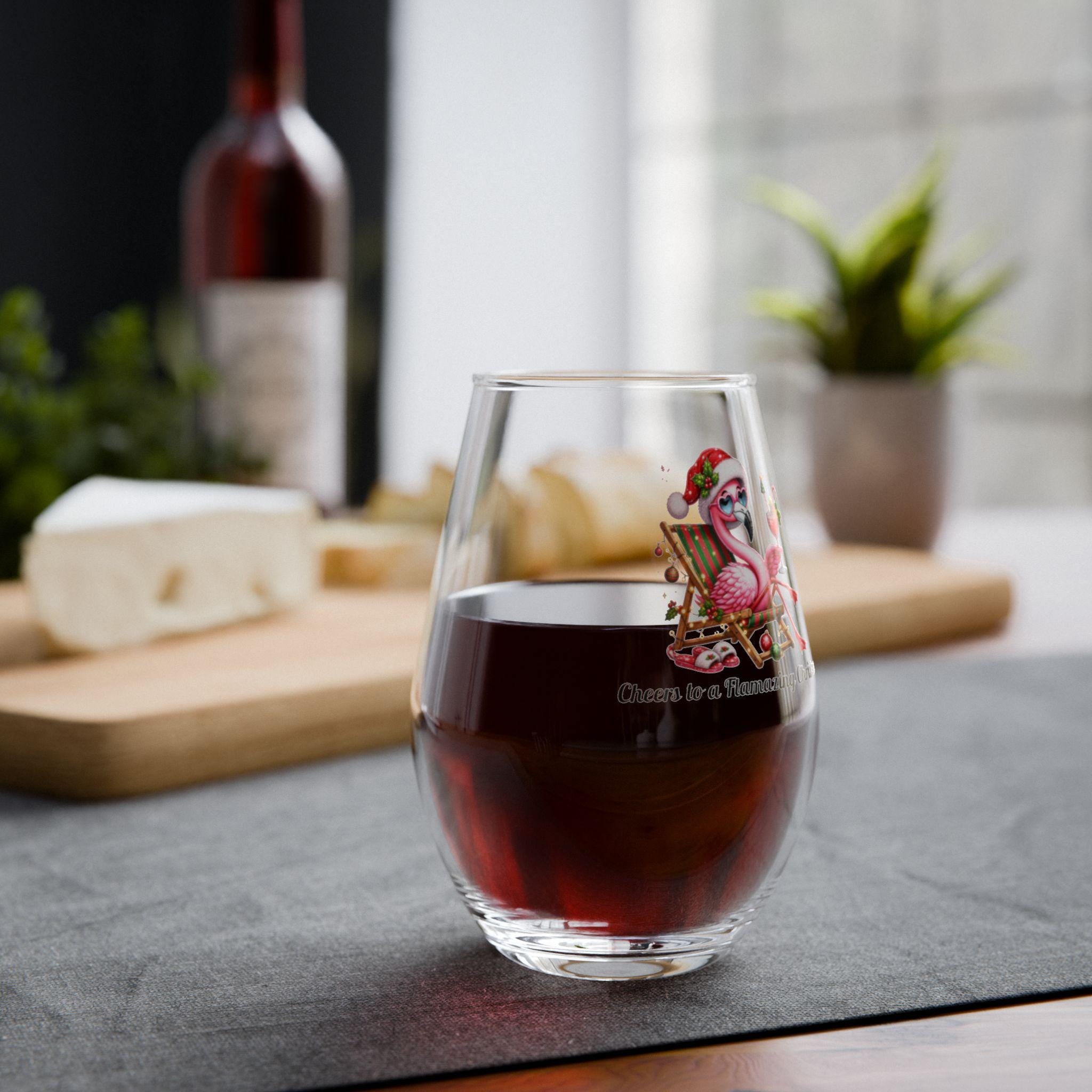 Christmas Flamingo Tropical Cheers Stemless Wine Glass | 11.75oz
