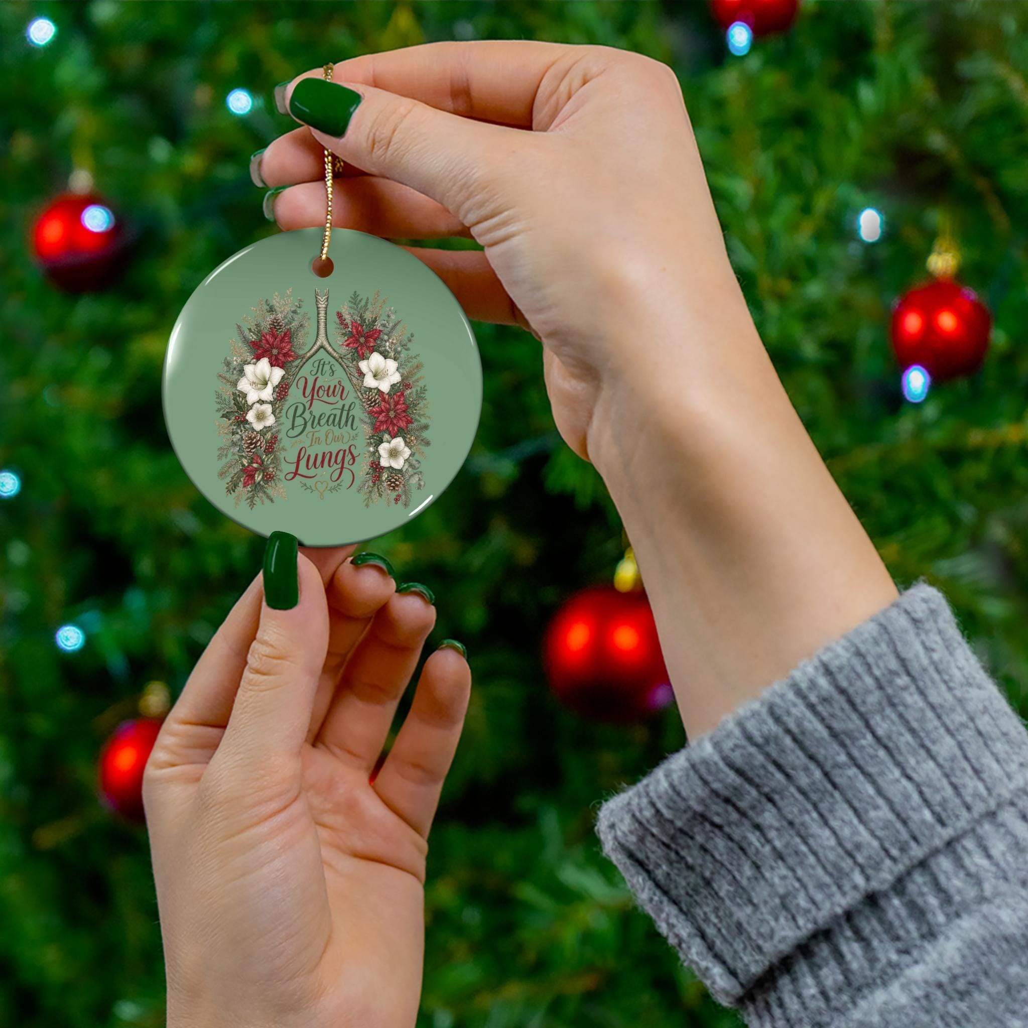 Floral Lungs Illustration Ceramic Ornament | Holiday Décor, Botanical Wreath Design