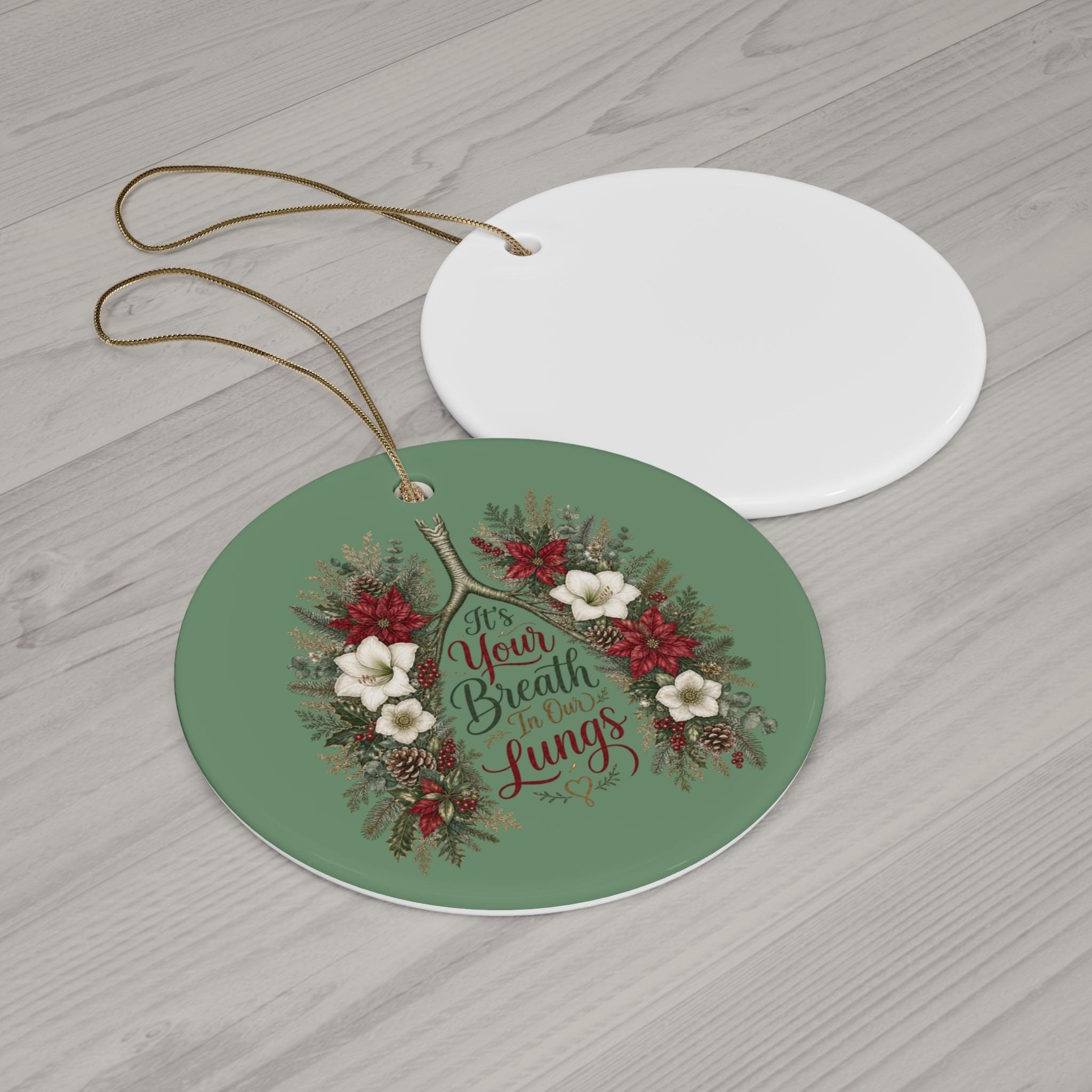 Floral Lungs Illustration Ceramic Ornament | Holiday Décor, Botanical Wreath Design, product image 3
