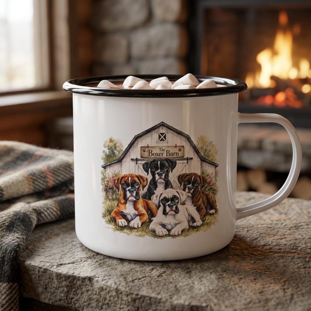 Barn Puppies Enamel Camp Cup | Boxer Dogs Illustration, Rustic Farm Scene