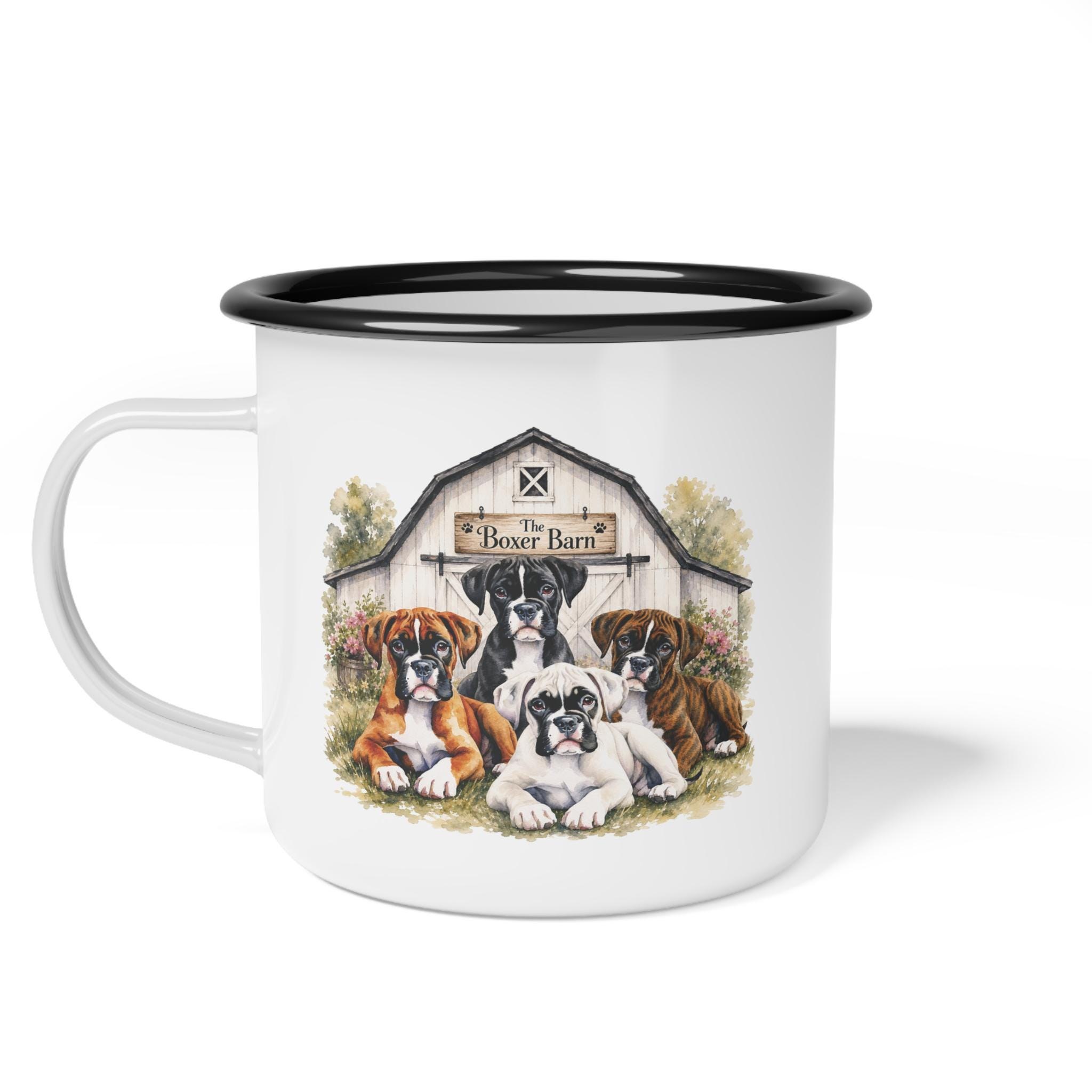 Barn Puppies Enamel Camp Cup | Boxer Dogs Illustration, Rustic Farm Scene, product image 2