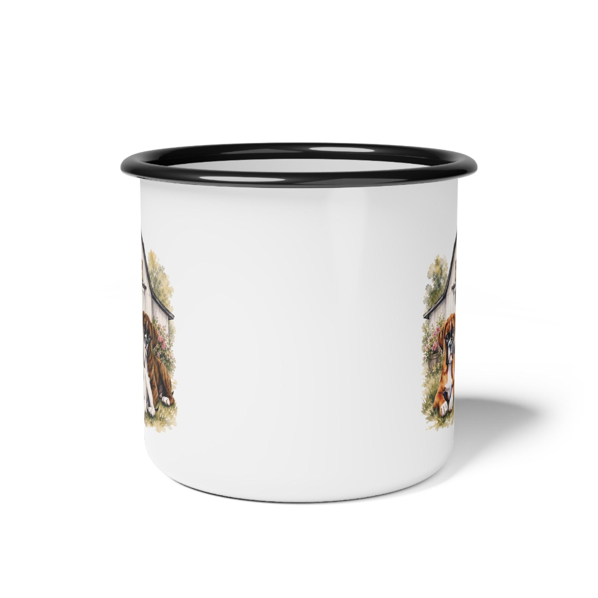 Barn Puppies Enamel Camp Cup | Boxer Dogs Illustration, Rustic Farm Scene, product image 3