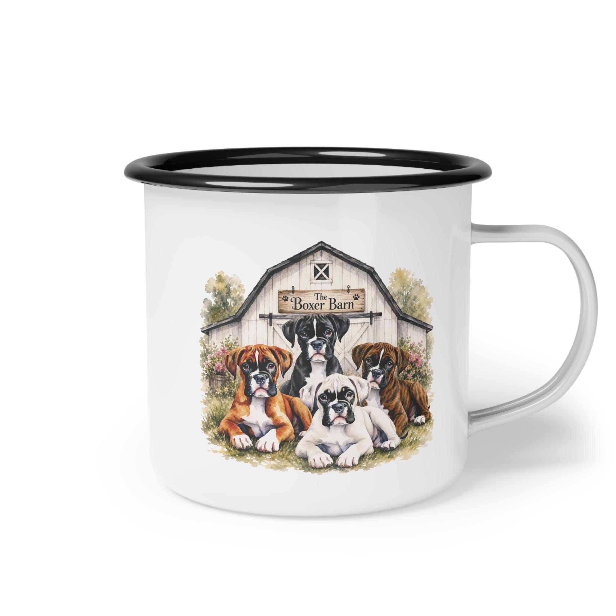 Barn Puppies Enamel Camp Cup | Boxer Dogs Illustration, Rustic Farm Scene, product image 4