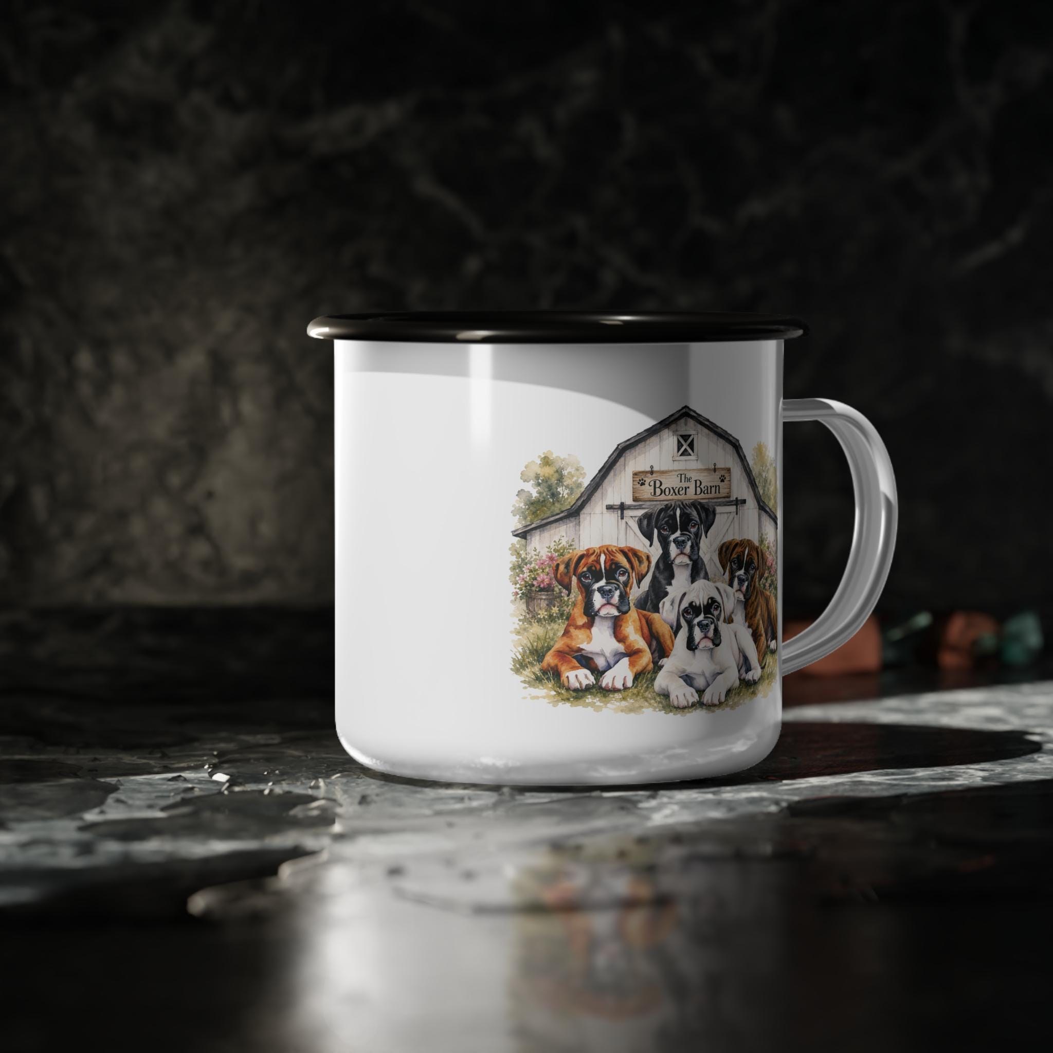 Barn Puppies Enamel Camp Cup | Boxer Dogs Illustration, Rustic Farm Scene, product image 5