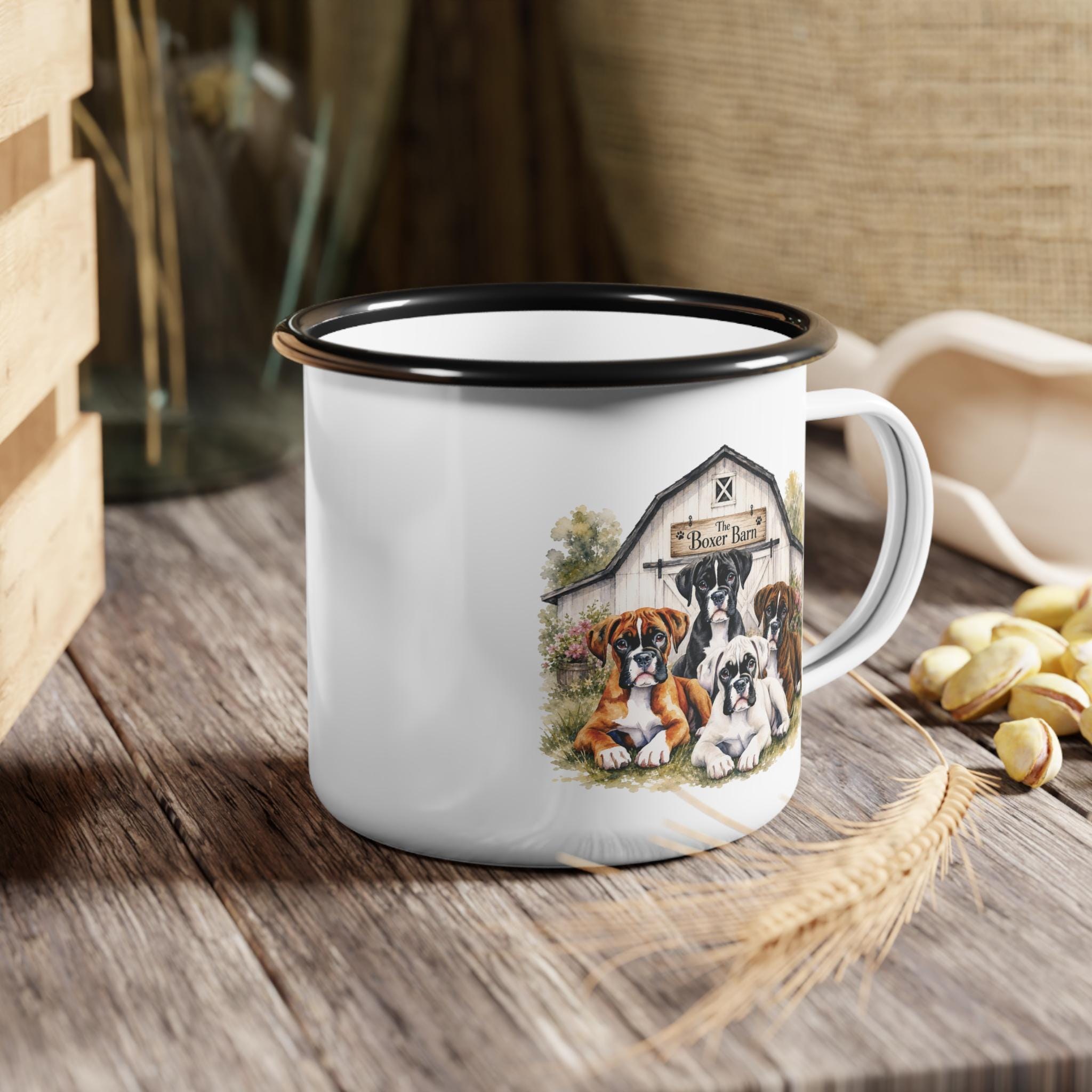 Barn Puppies Enamel Camp Cup | Boxer Dogs Illustration, Rustic Farm Scene, product image 6