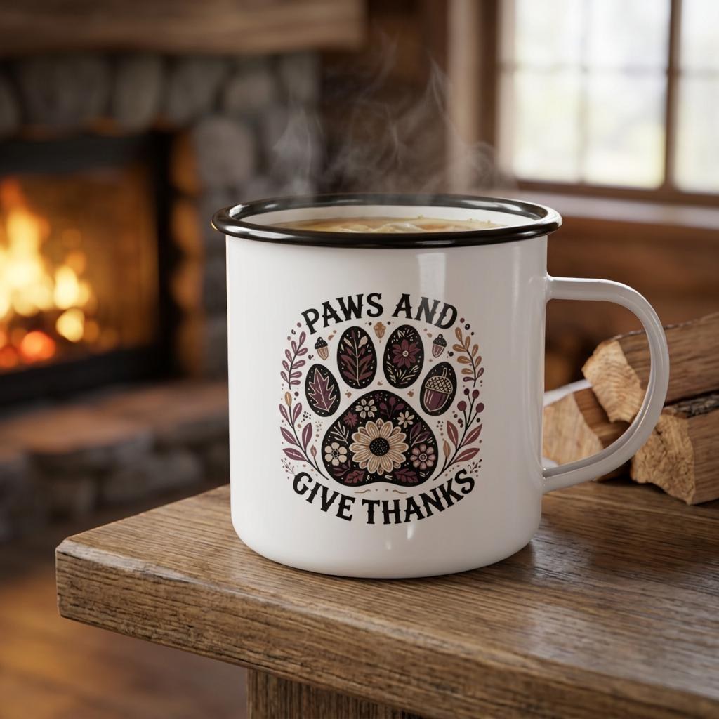 Paws and Give Thanks Enamel Camp Cup | Paw Print Floral Fall Design