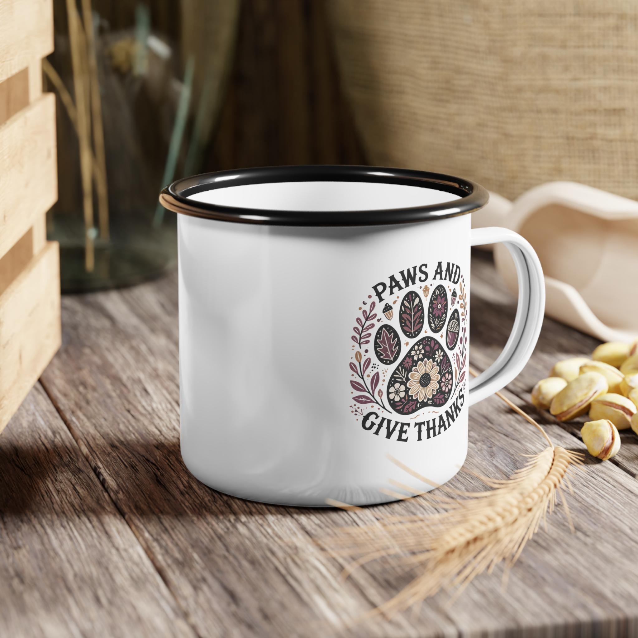 Paws and Give Thanks Enamel Camp Cup | Paw Print Floral Fall Design, product image 2