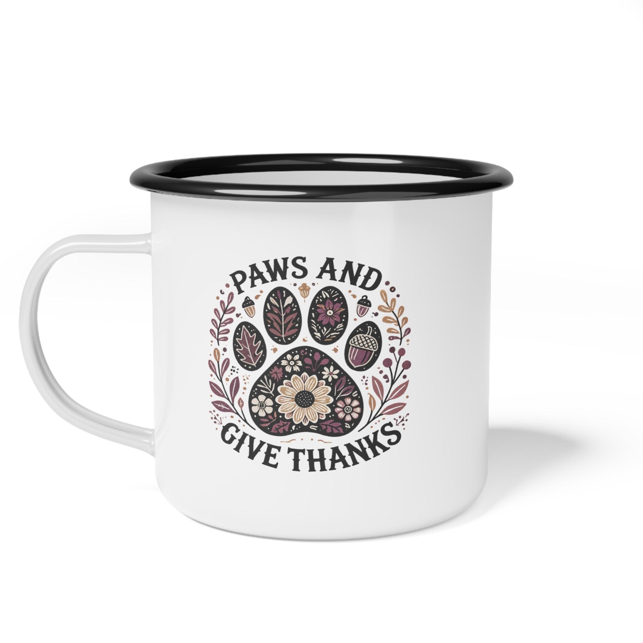 Paws and Give Thanks Enamel Camp Cup | Paw Print Floral Fall Design, product image 3