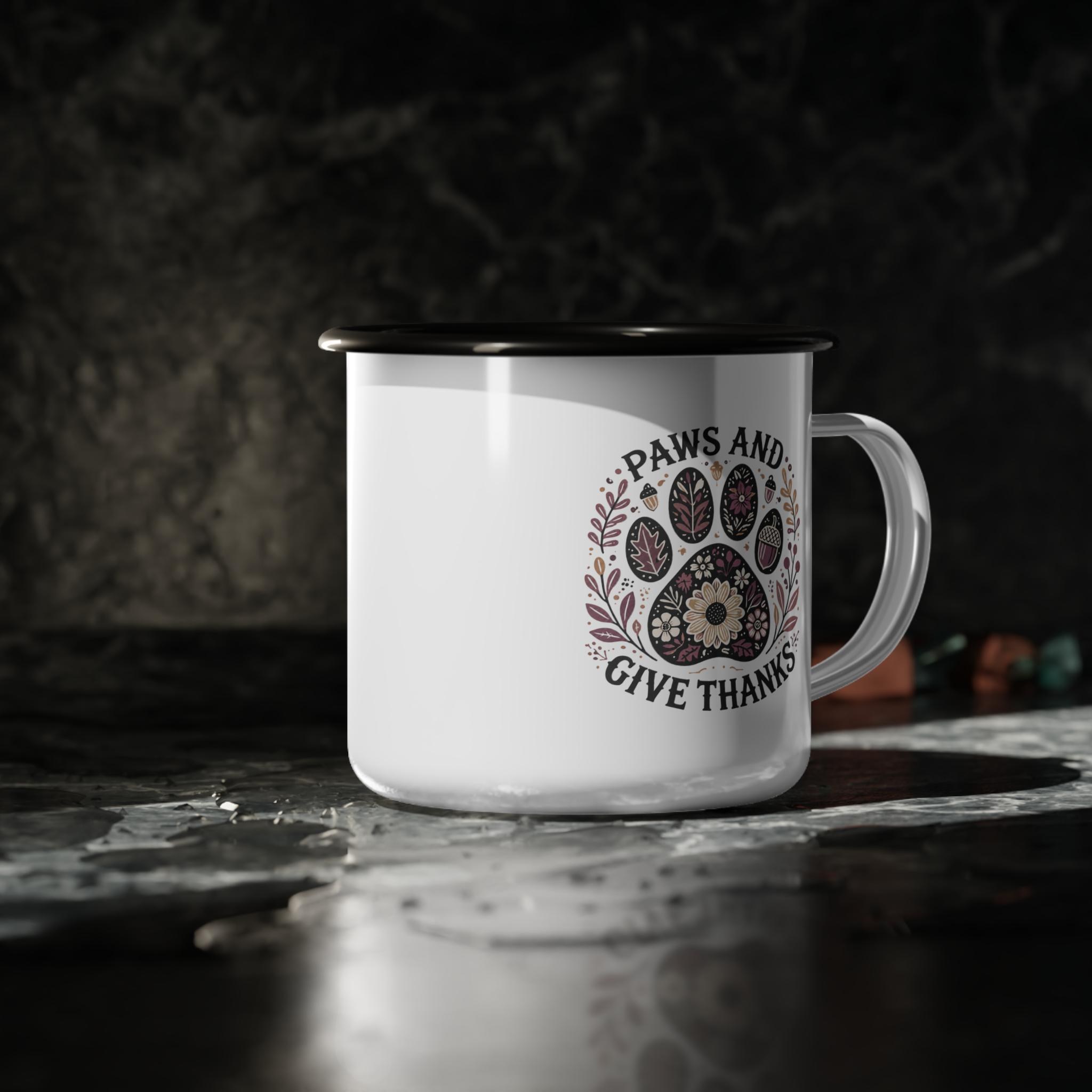 Paws and Give Thanks Enamel Camp Cup | Paw Print Floral Fall Design, product image 5