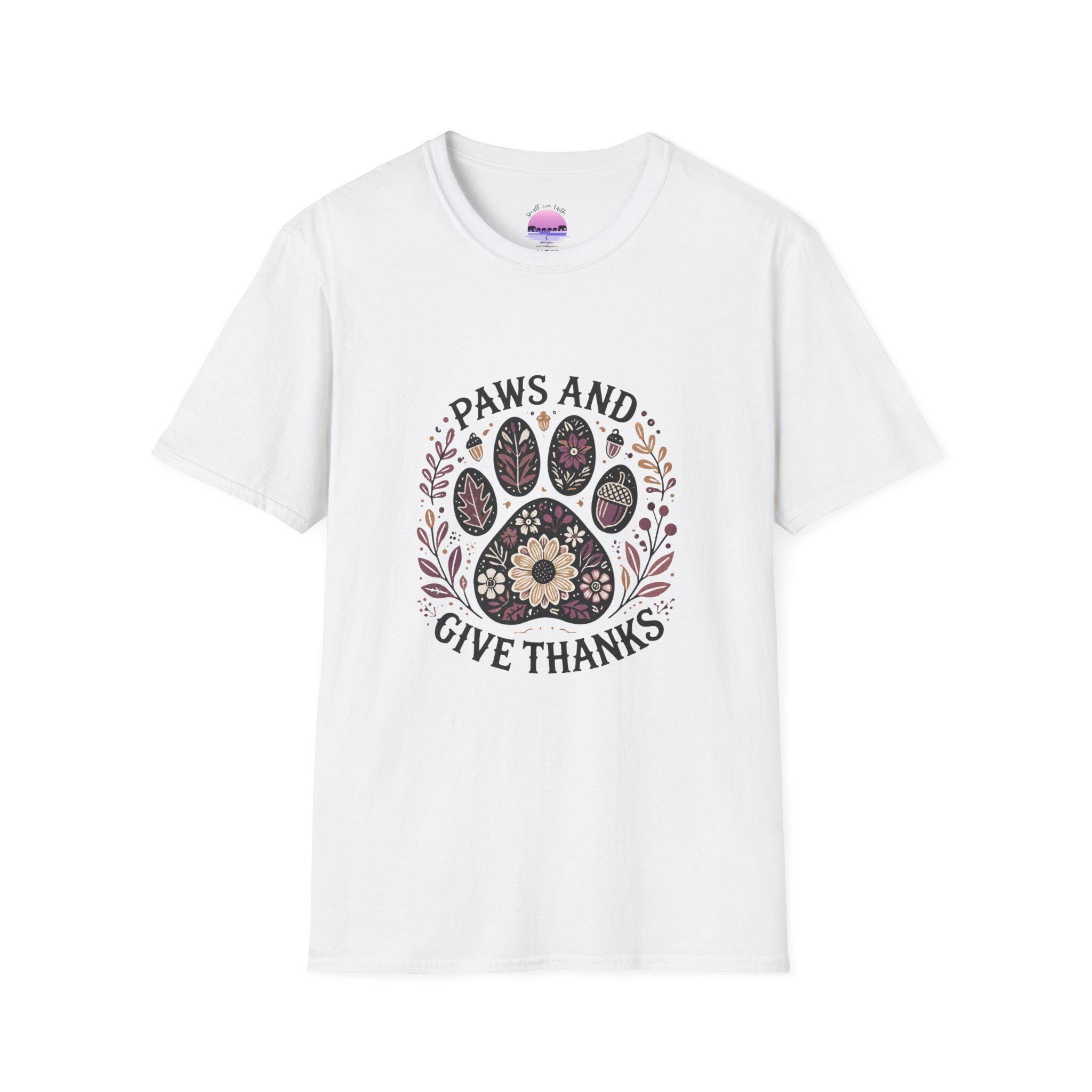 Paws and Give Thanks Paw Print T-Shirt | Thanksgiving Pet Floral Design, product image 2