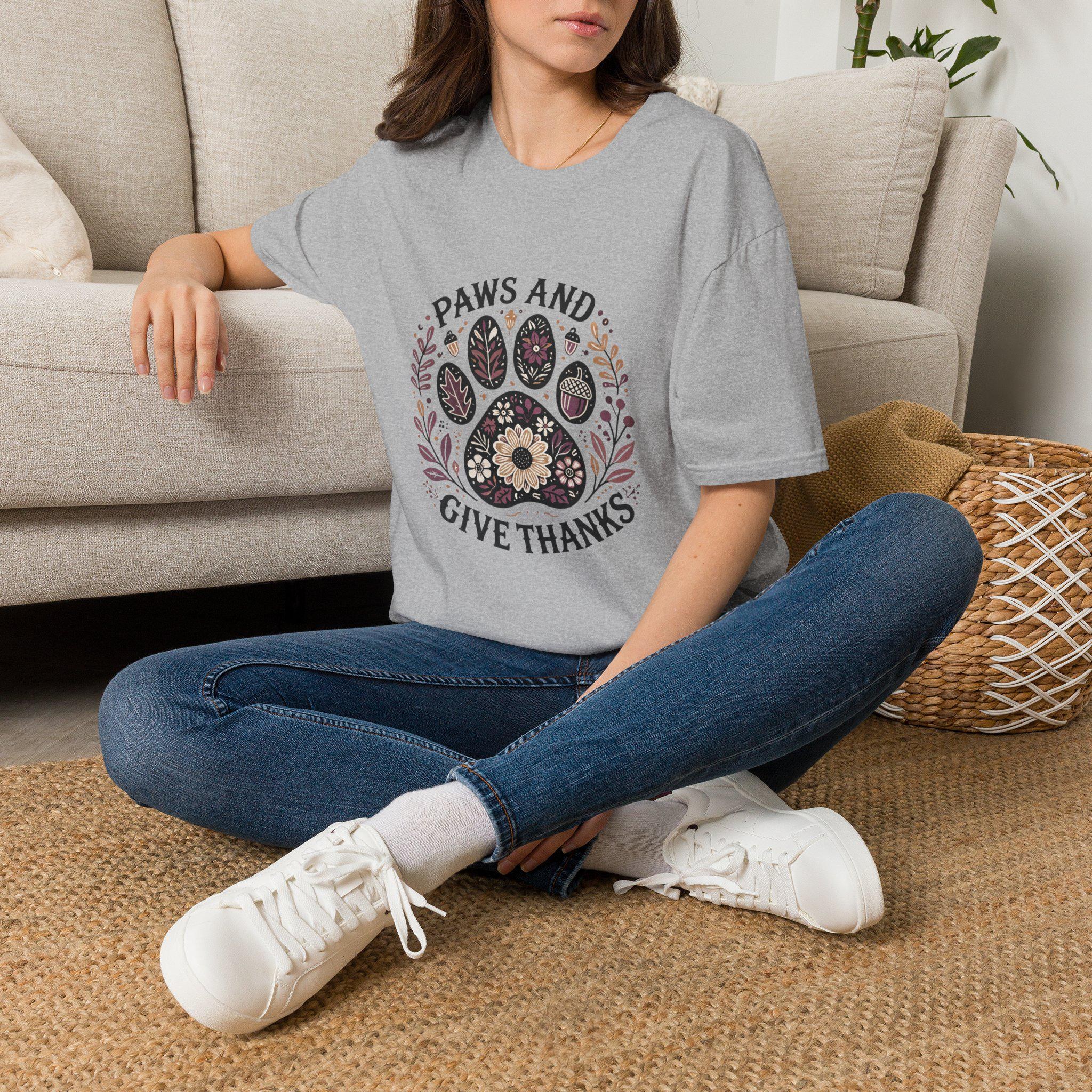 Paws and Give Thanks Paw Print T-Shirt | Thanksgiving Pet Floral Design, product image 11