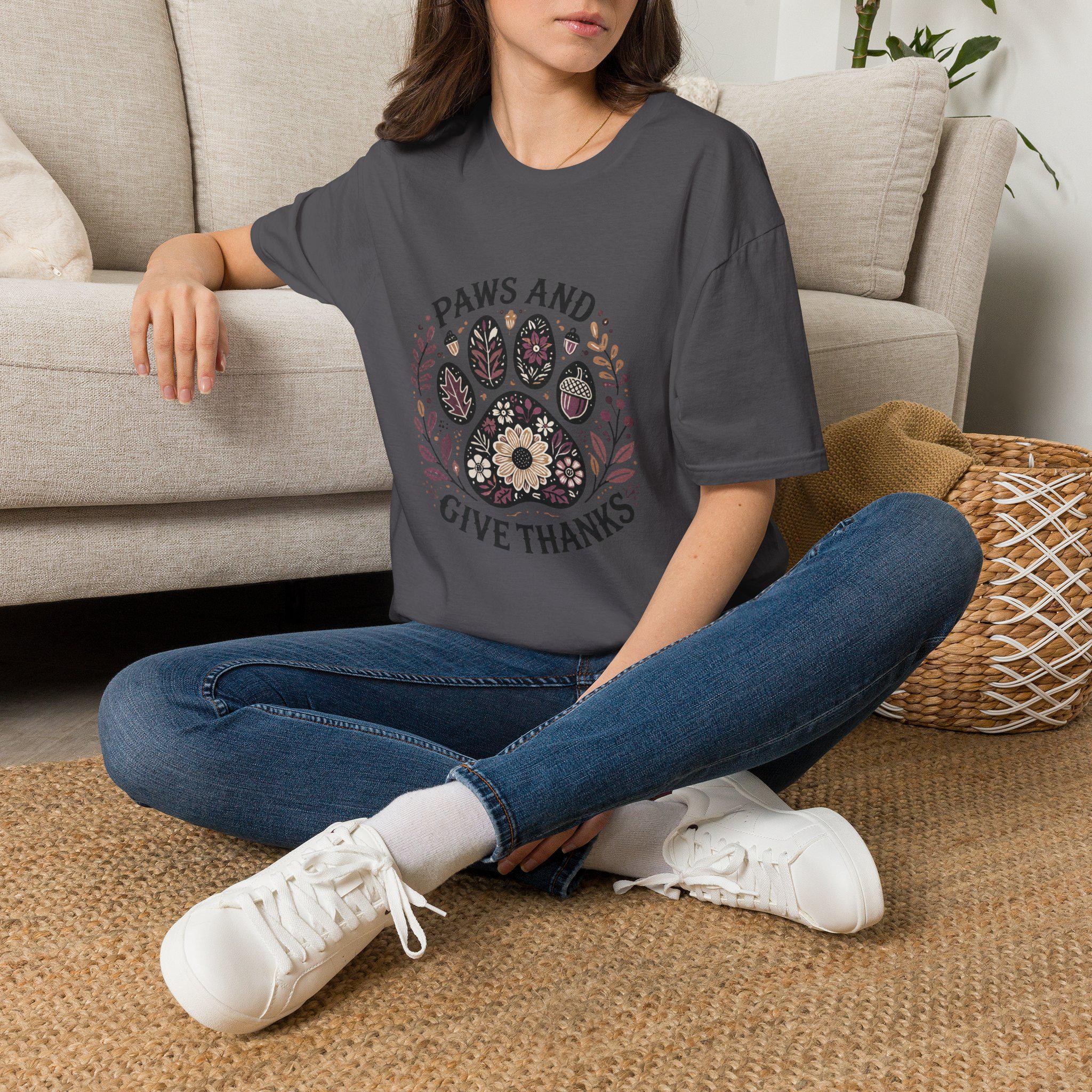 Paws and Give Thanks Paw Print T-Shirt | Thanksgiving Pet Floral Design, product image 12