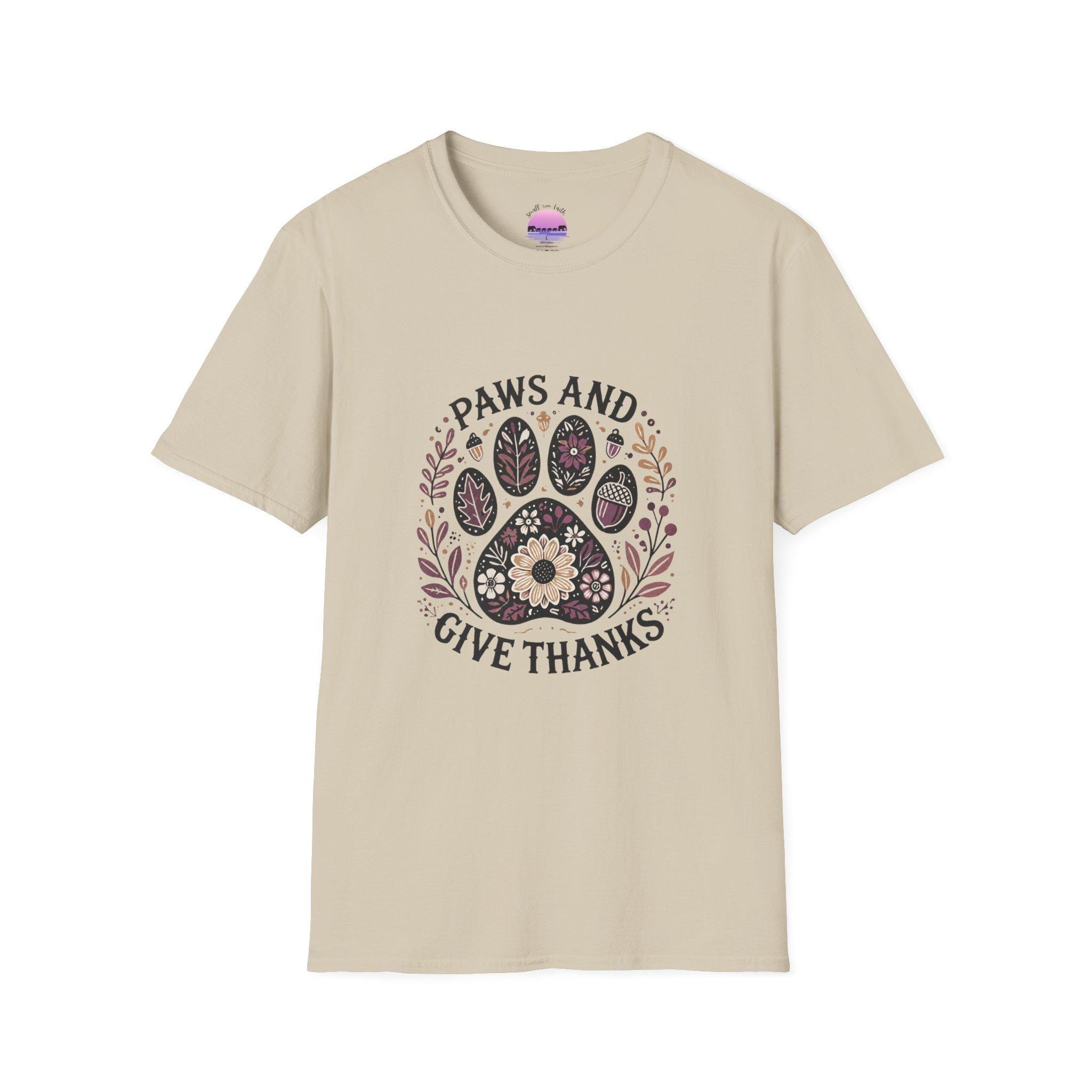 Paws and Give Thanks Paw Print T-Shirt | Thanksgiving Pet Floral Design, product image 3