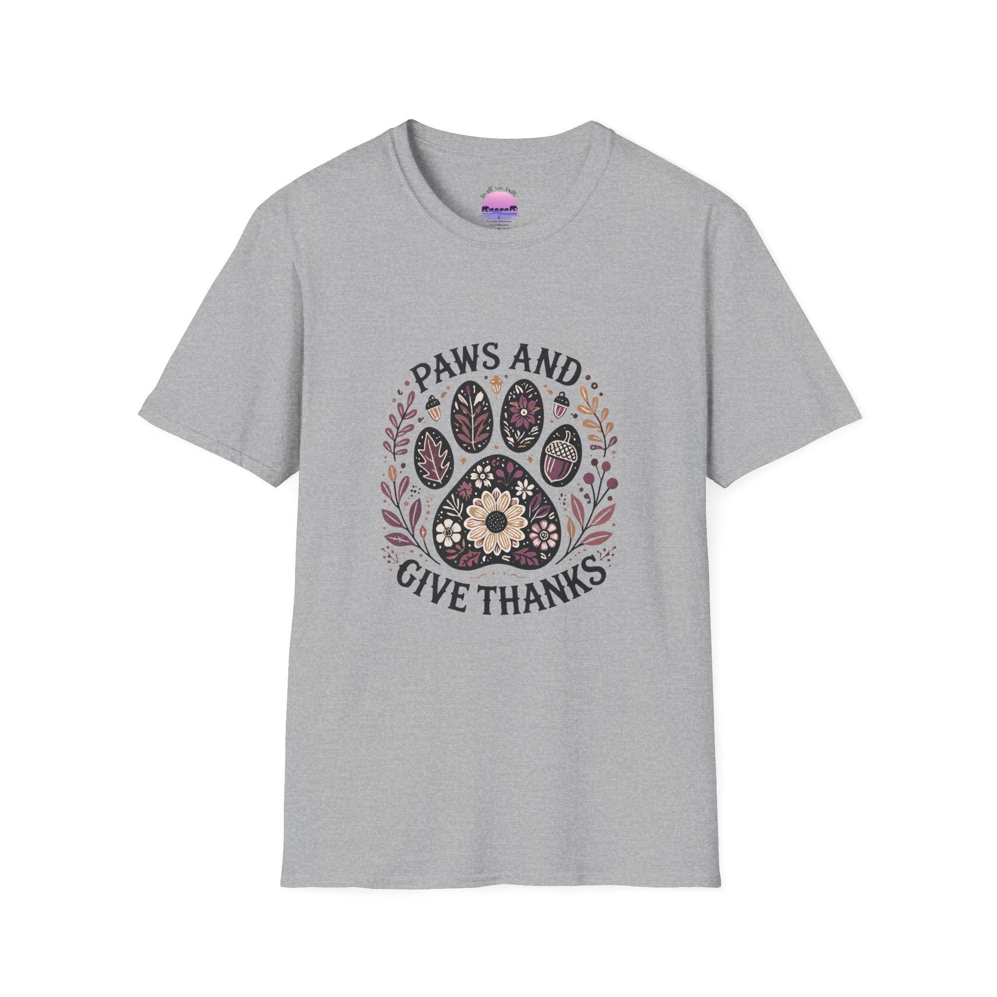 Paws and Give Thanks Paw Print T-Shirt | Thanksgiving Pet Floral Design, product image 4