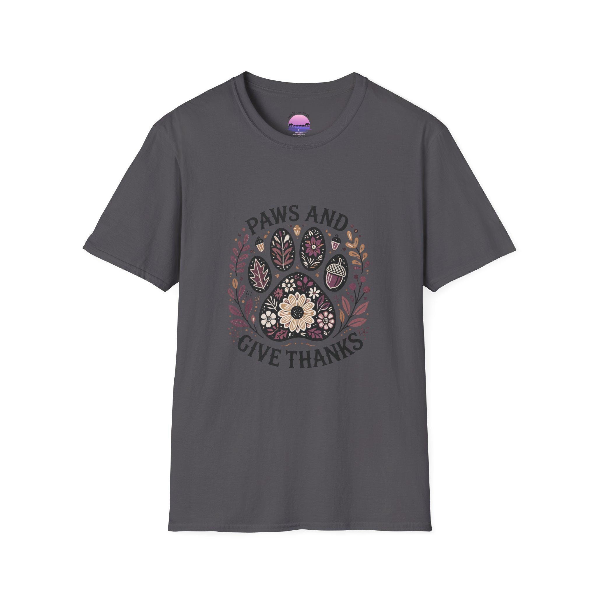 Paws and Give Thanks Paw Print T-Shirt | Thanksgiving Pet Floral Design, product image 5